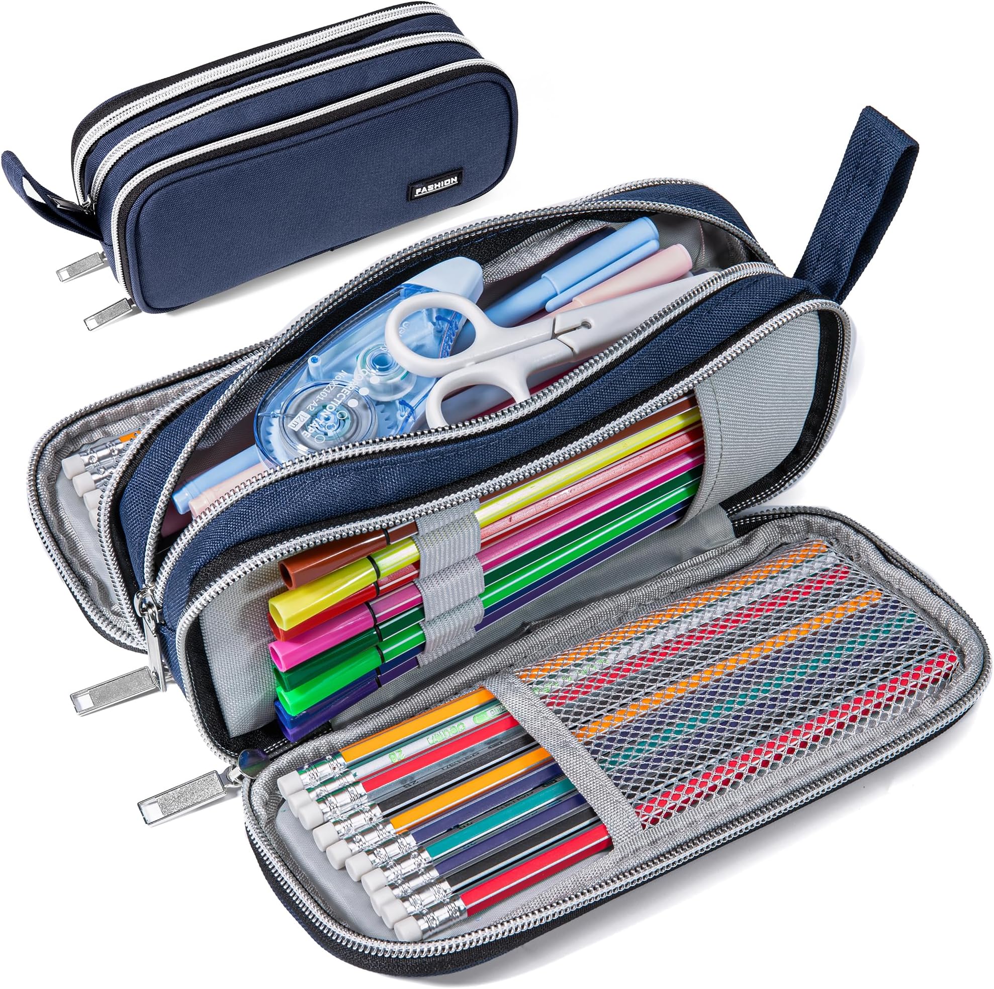 Pencil Case with 3 Compartments, Canvas Zipper Pencil Pouch, Large Pencil bag, Big Pen Case Pouch Organizer for Adults, Pencil Pouches for Middle High School Teen Boys Girls - Blue