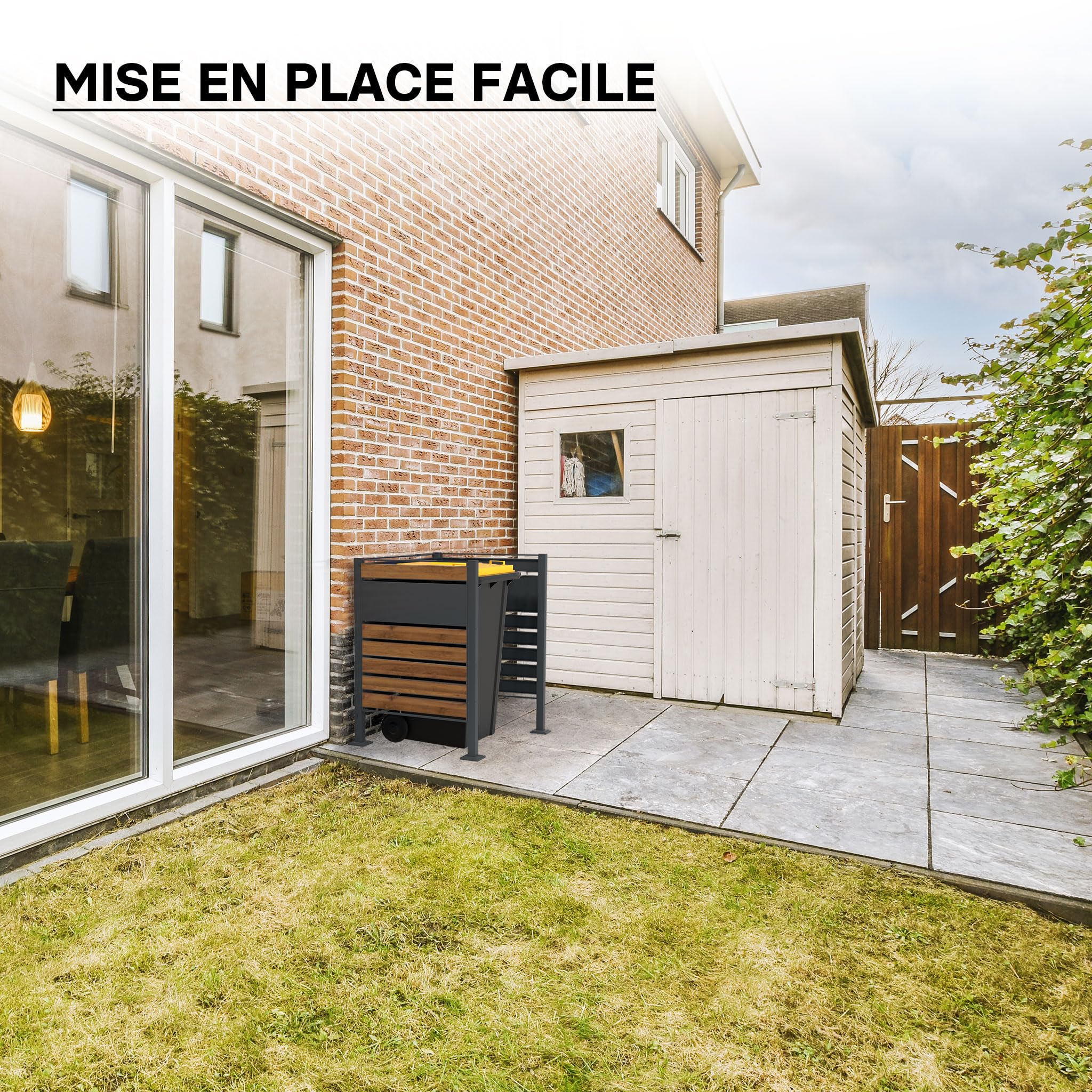 Wiltec Cache-Poubelle - 905 x 905 x 1200 mm - pour 60 à 240 L - Design Bois - en Acier - avec 3 Parois - Clôture Range Coffre Combinable