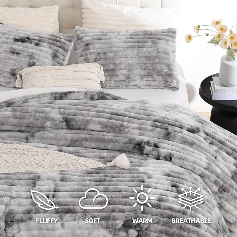 Smoofy Fluffy King Size Comforter 3 PCS - Tie Dye Grey Fleece Bedding Set image 2