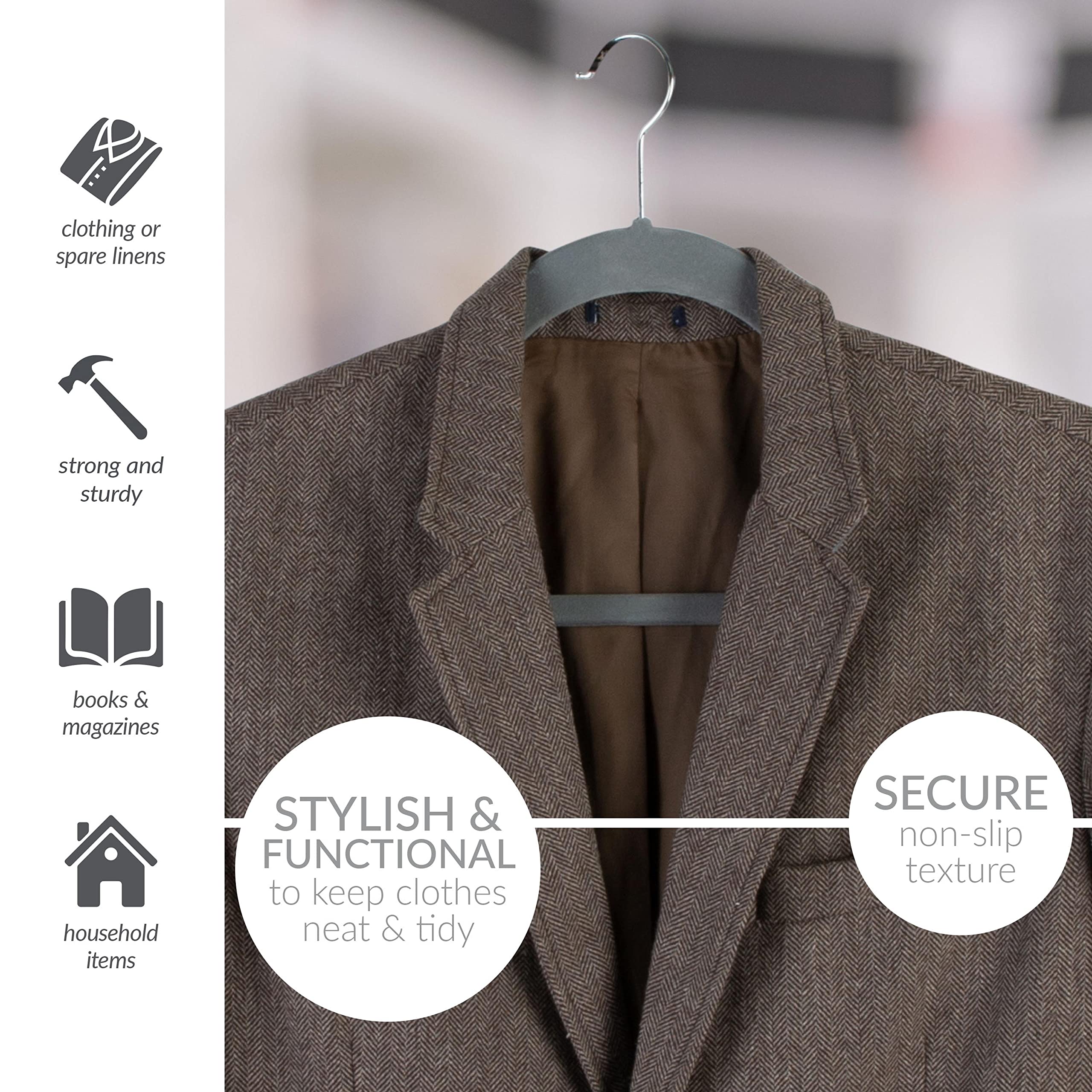 Simplify Perchas de terciopelo extra anchas de 21 pulgadas, paquete de 24, diseño delgado, resistentes, soportan 10 libras, organización del armario, camisa y ropa, color gris