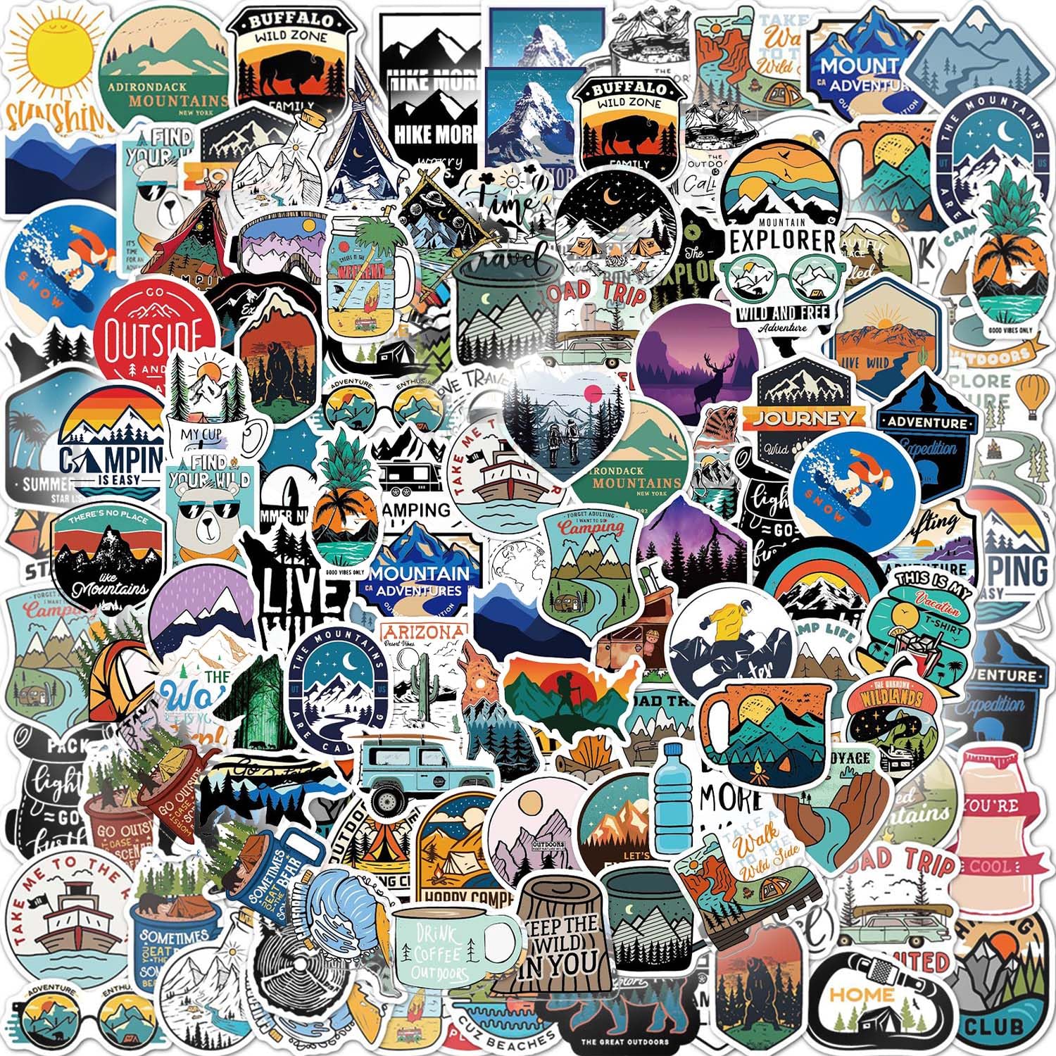 Gaomumu 100-Piece Waterproof Vinyl Camping Stickers, Outdoor Adventure Nature Hiking Travel Graffiti Decals for Luggage, Water Bottles, Guitars, Skateboards, Cool Teen & Adult Accessories