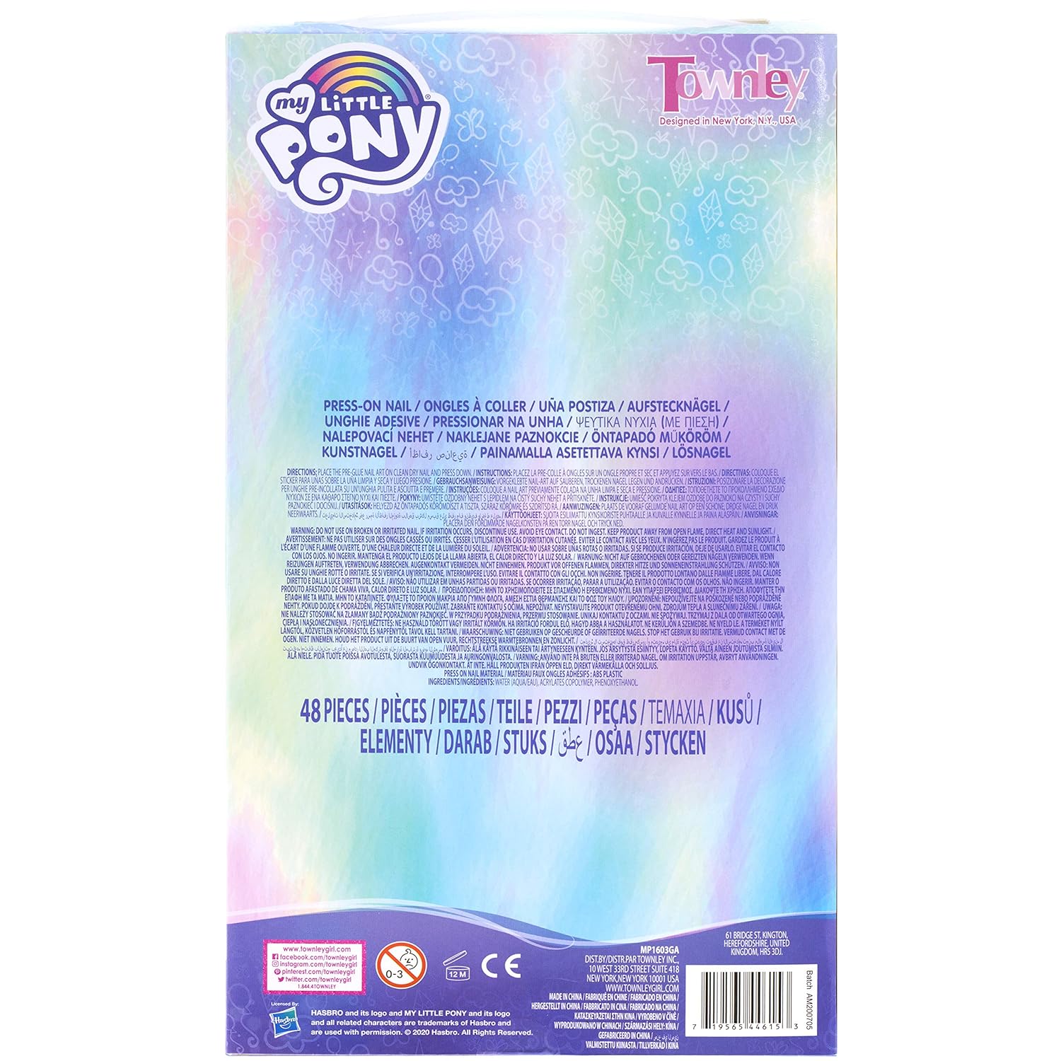 My Little Pony - Townley Girl 48 Pcs Press-On Nails Artificial False Nails Set for girls, kids with Pre-Glue Full Cover Acrylic Nail Tip Kit, Ages 6+ for Parties, Sleepovers and Makeovers