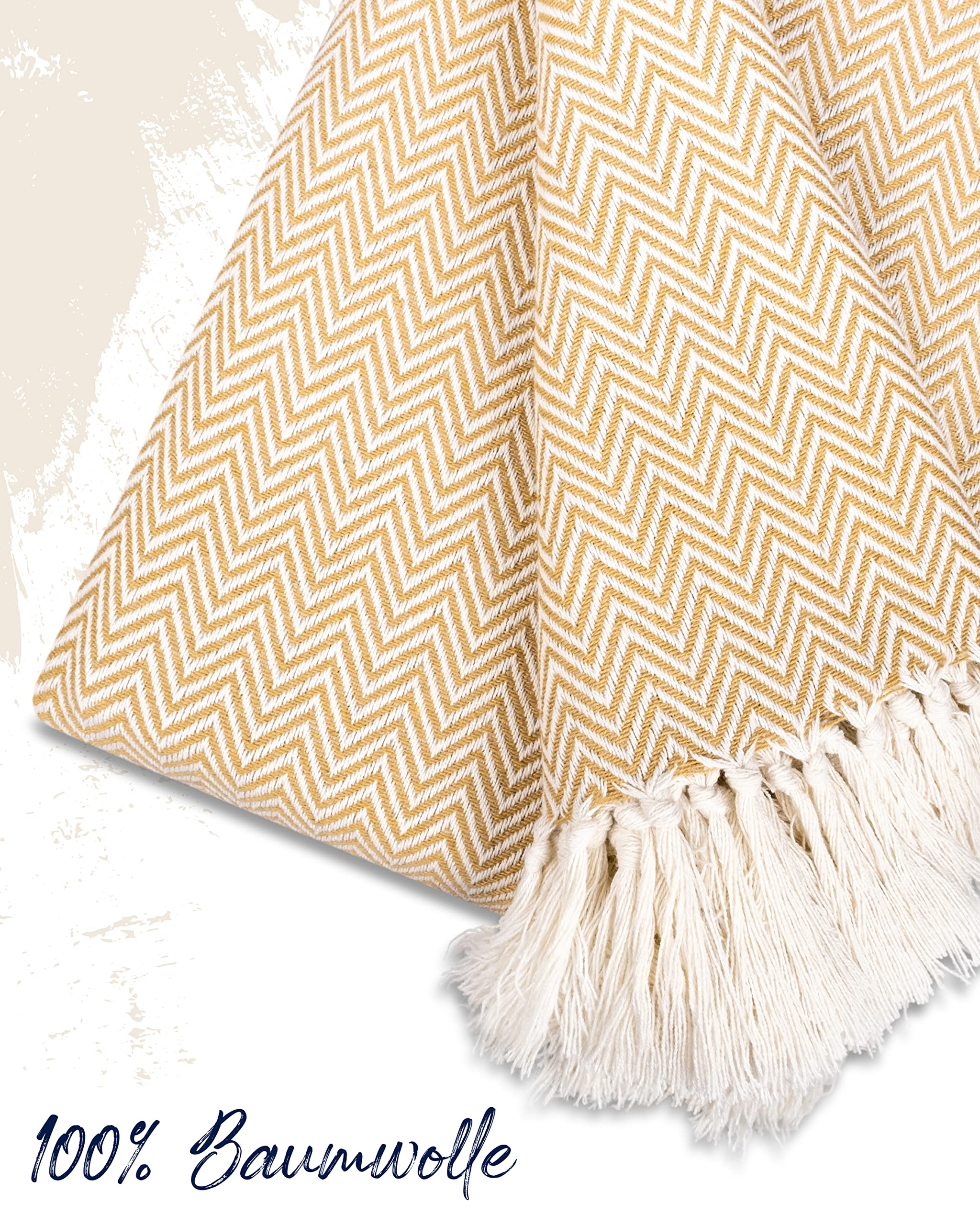 Gräfenstayn Narzuta premium z frędzlami, 100% bawełna, 220 x 240 cm, wzór w jodełkę, kołdra letnia, bawełniana narzuta na łóżko, kanapę, beżowa