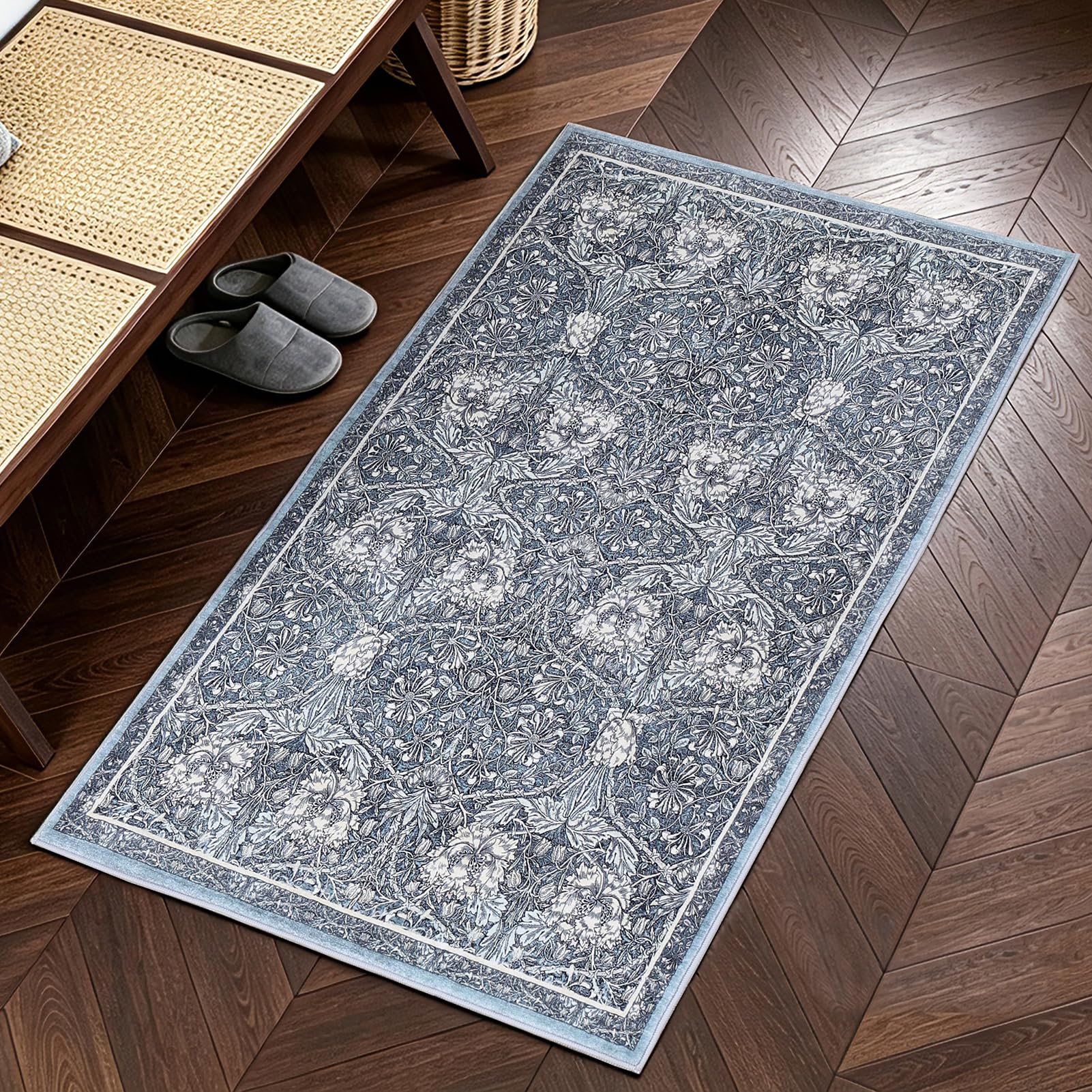 Obal Washable Rugs 80x150cm Bedroom, William Morris Honeysuckle Vintage Carpet, Sage Green Non Slip Low Pile Bedside Rug, Soft Faux Wool Machine Washable Floral Rug for Hallway