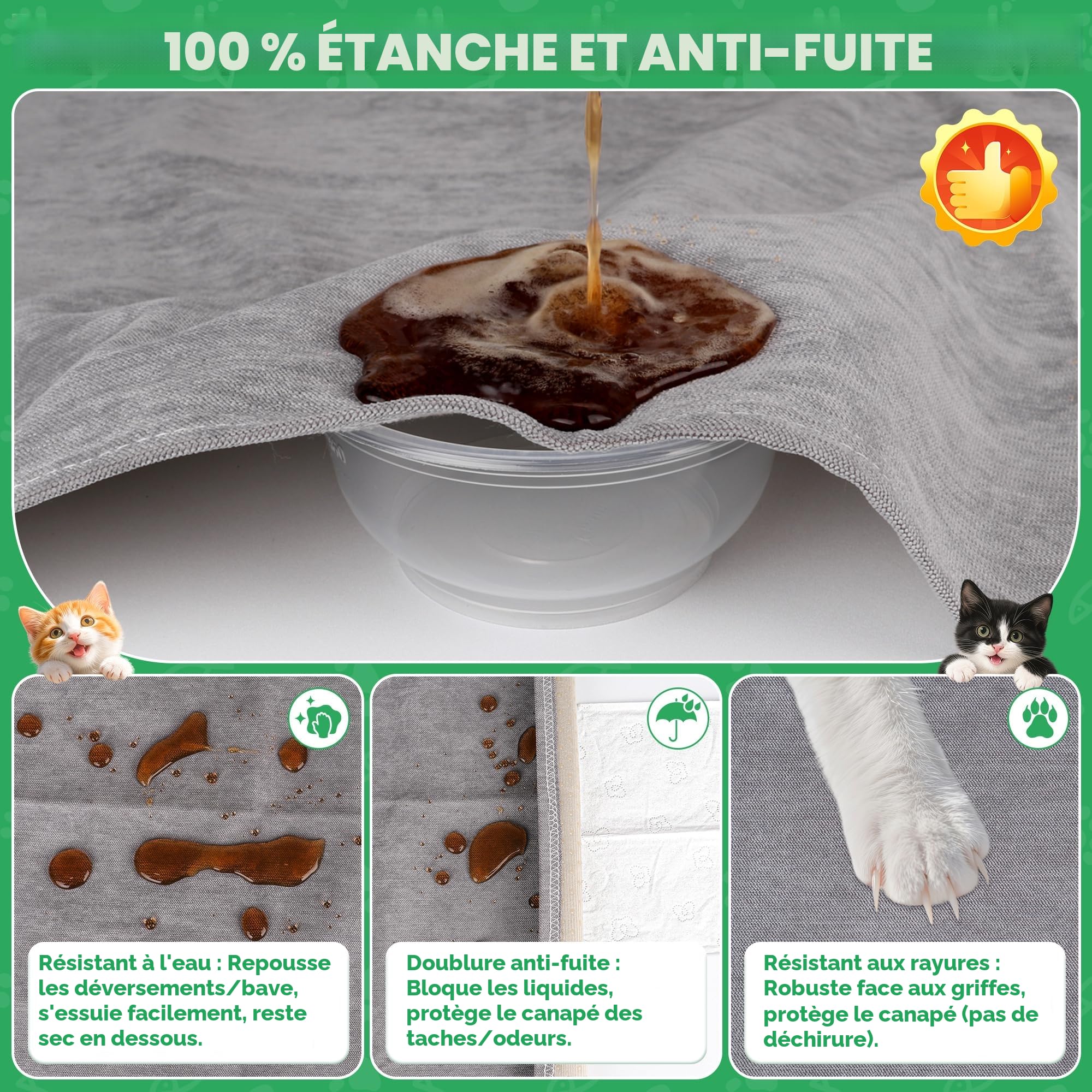 Loiion Protection Canapé Chat, Anti Griffe Chat Canapé, Protege Canape Impermeable, Couvre Canapé 3 Places, Sofa Cover Antidérapante, Couvre Canapé pour Chiens Chats Animaux, Gris, 340x180cm