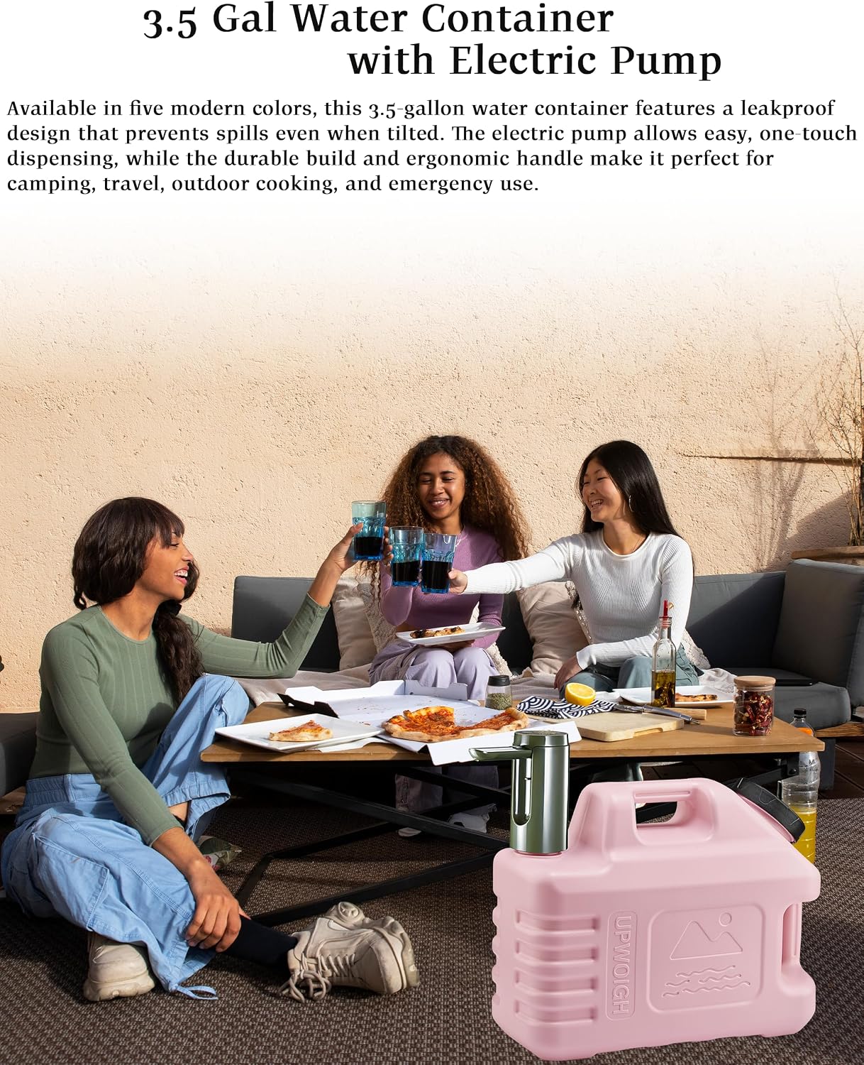 UPWOIGH 3.5 Gallon Portable Water Jug in Coral Pink with Screw-Lock Leakproof Touch Pump, Nature-Inspired Carved Container with Spigot, Type-C Rechargeable Outdoor Water Tank for Camping Hiking