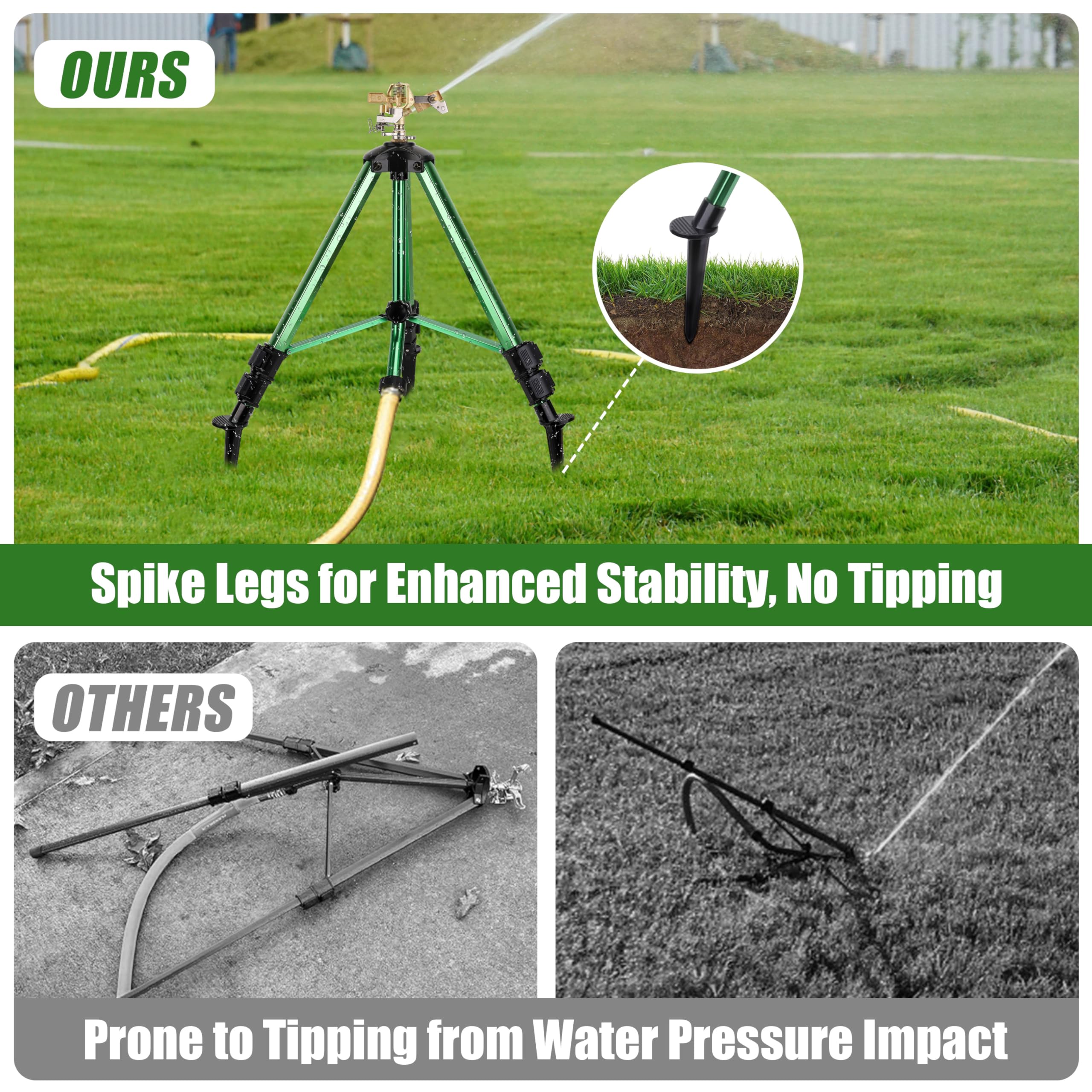 Irrigatori per cortile, Irrigatore a impatto pesante su base treppiede con spina a terra, 360 gradi, 0-43 piedi di copertura di ampia area irrigatori da cortile, altezza regolabile da 40,6 a 94 cm