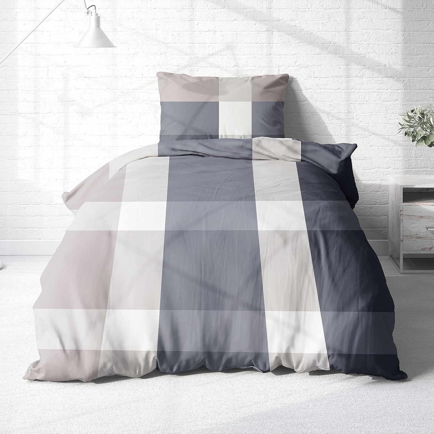 Träumschön Renforce Bettwäsche 155×220 Baumwolle | Sommerbettwäsche 155×220 Baumwolle | Bettbezug Greige kariert | Tolle Sommer Bettwäsche