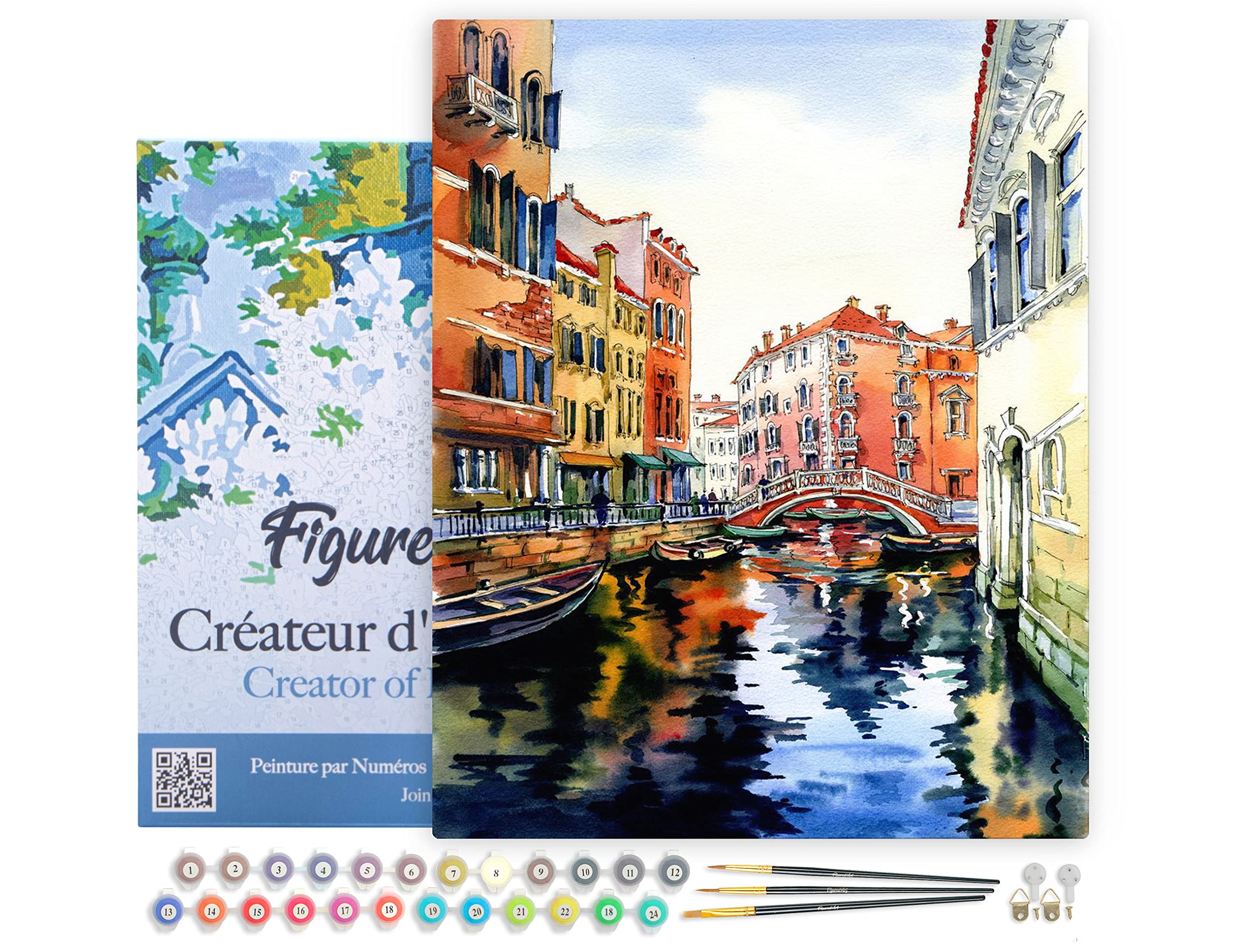 Figured'Art Paint by Numbers for Adults with Frame Venice Watercolor 40x50cm - Craft Art Painting DIY Kit Canvas Already Stretched on a Wooden Frame โ image 1