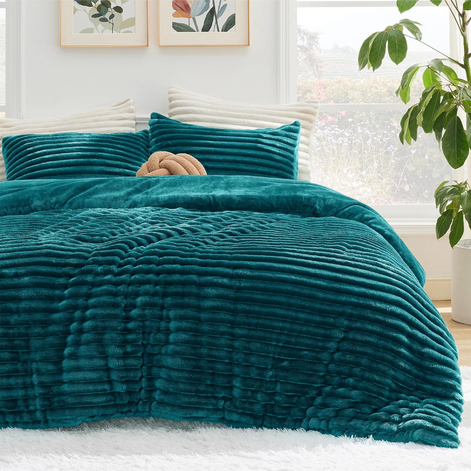 Bedsure Fluffy Comforter Set Twin – Super Soft Faux Fur Bed Set Teal, All Seasons Warm Plush Fleece Bedding, 2 Pieces, 1 Shaggy Fuzzy Twin Size Comforter with 1 Pillowcase
