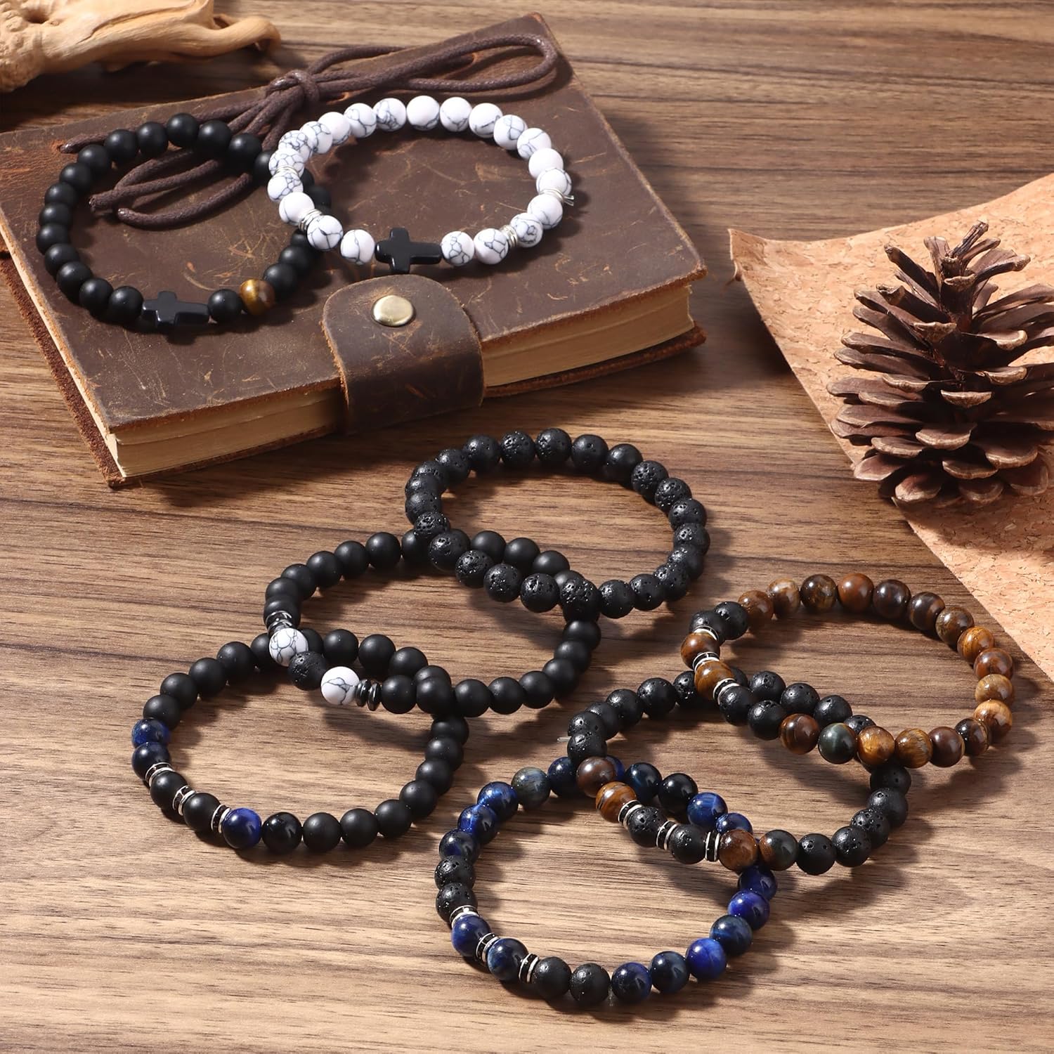 Jewdreamer 12PCS Beaded Bracelets for Men 8MM Tigers Eye Bracelet Natural Stone Crystal Bead Cross Bracelet Adjustable Stretch Christian Bracelets Jewelry Gifts - Image 6