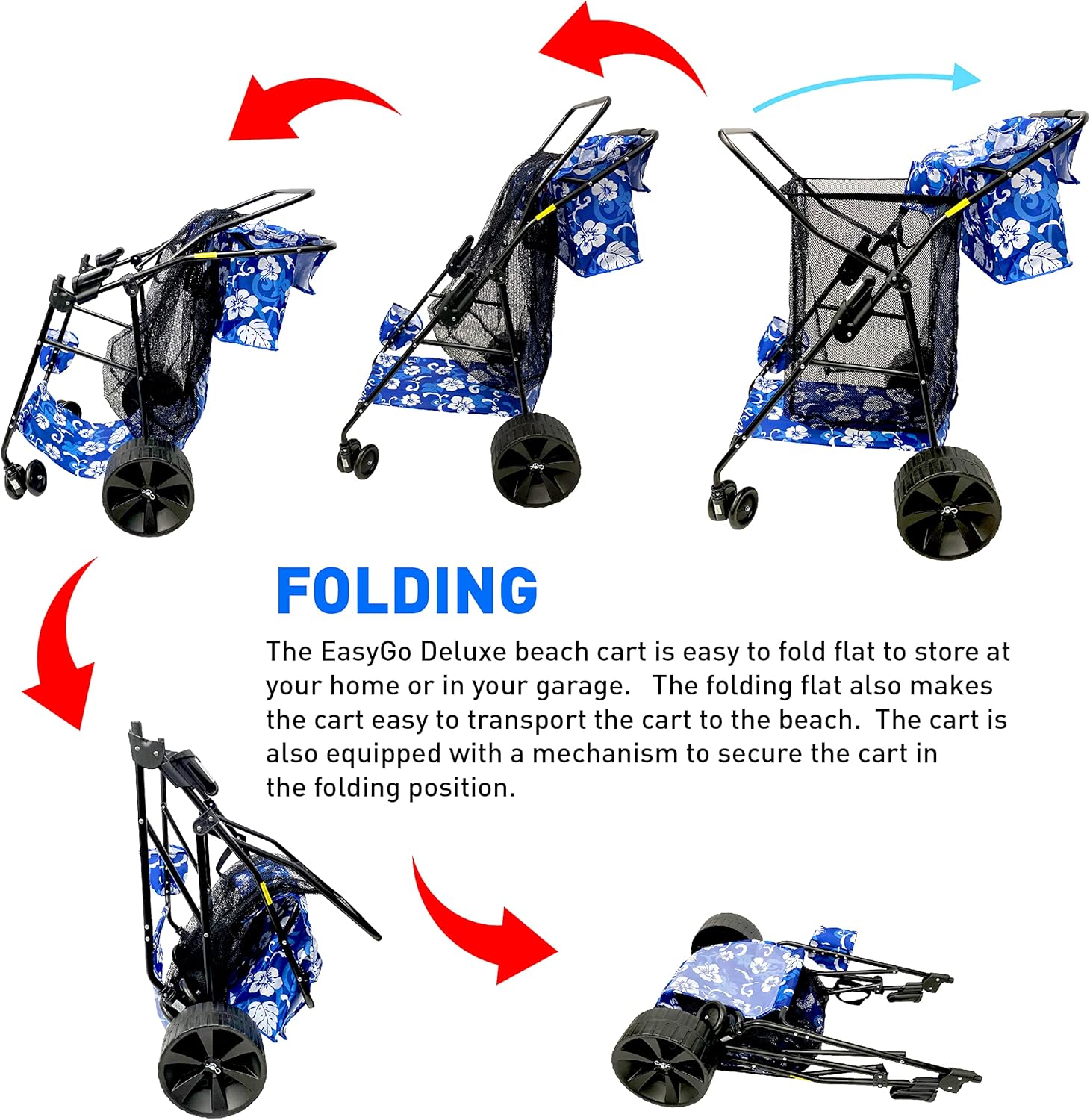 Beach Cart Deluxe Heavy Duty Folding Ocean Utility Large Sand Wheels Holds 4 Folding Chairs Umbrella Holder Removable Storage Bag – Premium Flower Pattern