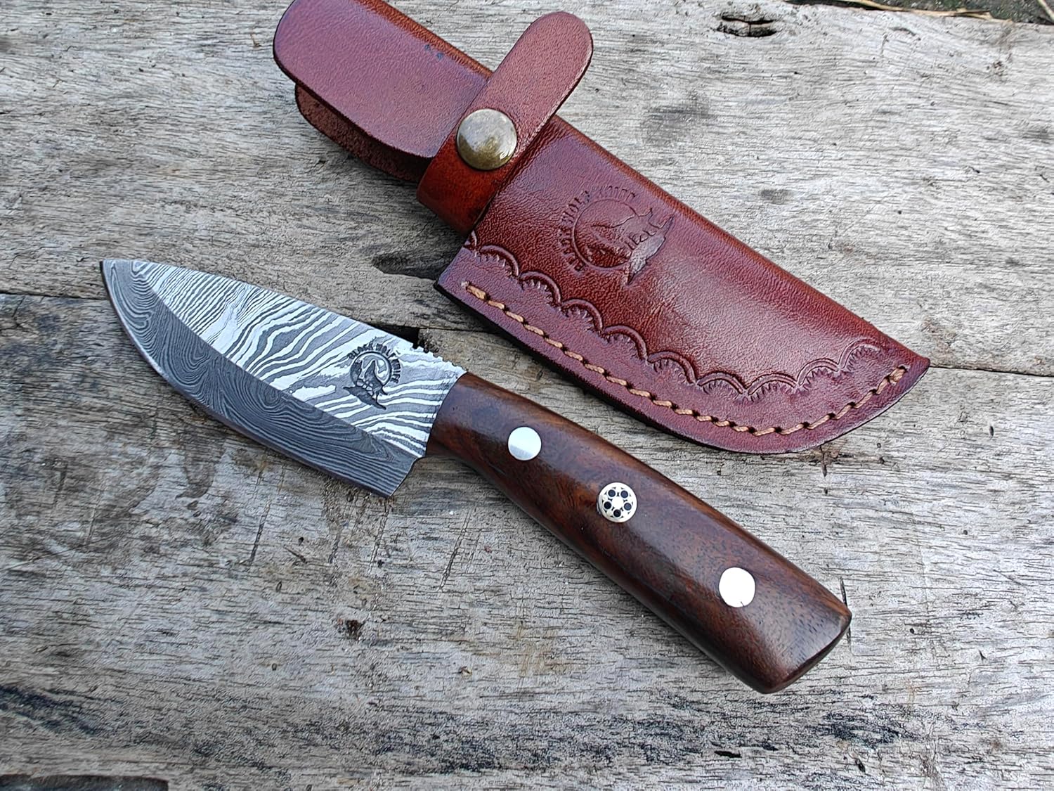 Handmade Damascus Hunting Knife with Sheath - Fixed Blade Knife for Men - ROSE Wood HandleWith Leather Sheath - Bushcraft Knives, Camping Knife Survival (Ironhide)
