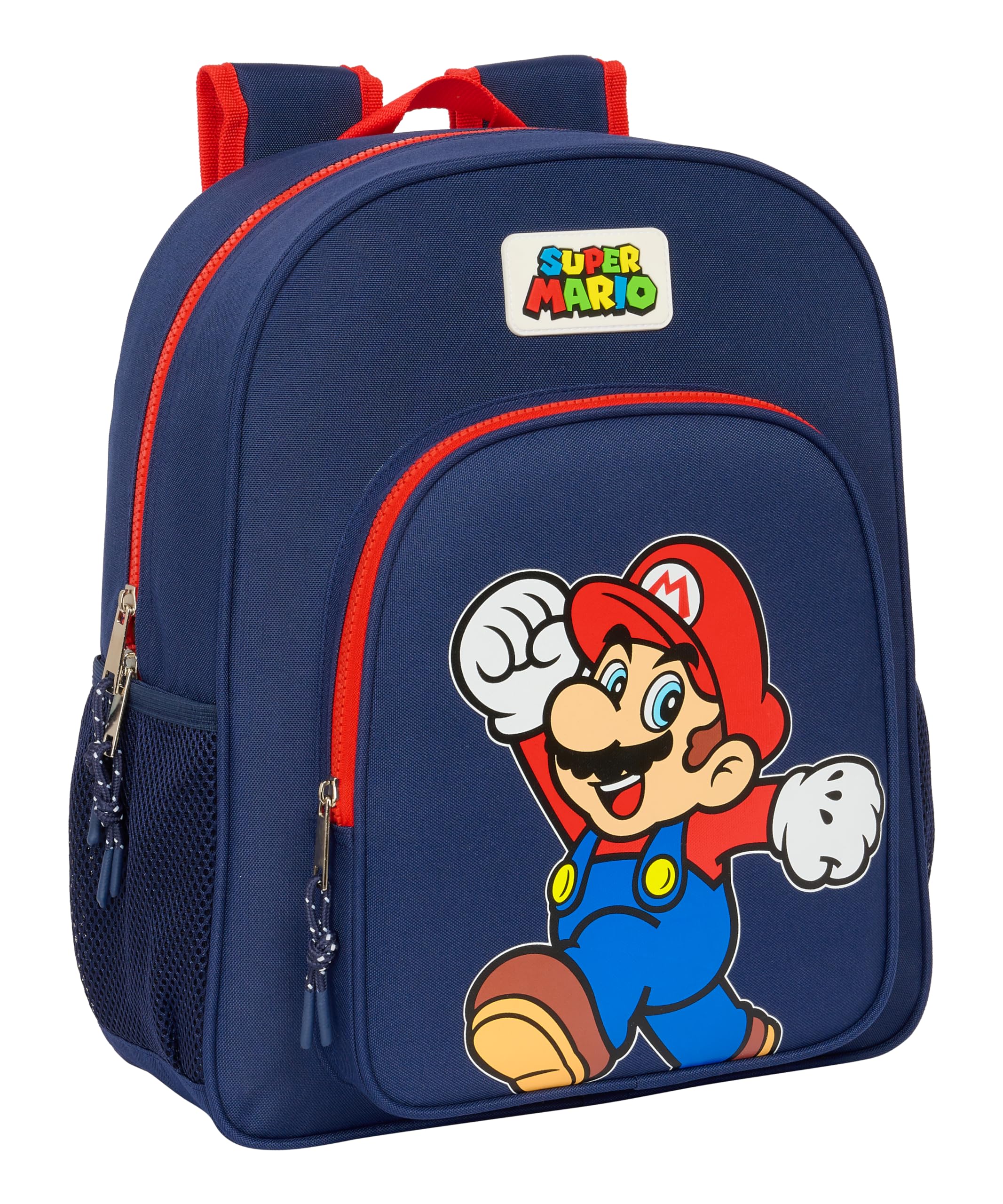 Safta SUPER MARIO WORLD - Mochila Escolar Niño, Mochila Infantil, Adaptable a Carro, Ideal para Niños en Edad Escolar, Cómoda y Versátil, Calidad y Resistencia, 32x12x38 cm, Color Azul marino