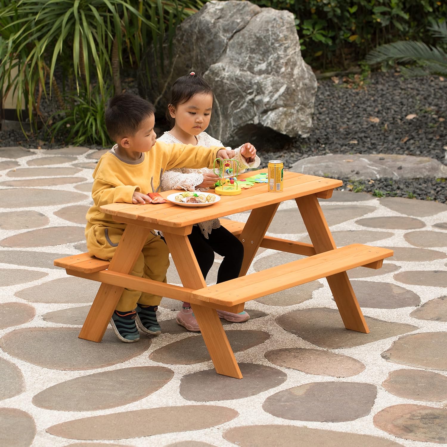 Gardenised, Stained Wooden Kids Outdoor Picnic Table for Garden and Backyard (QI004477)