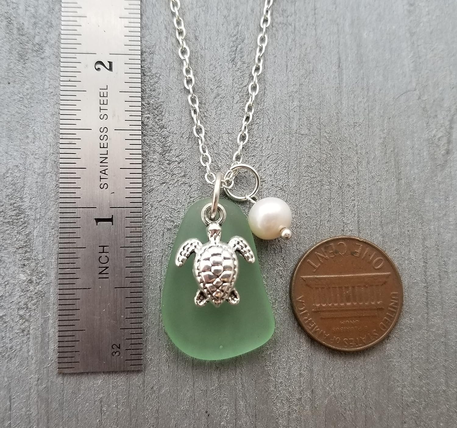 Handmade in Hawaii, Peridot green sea glass necklace,"August Birthstone", Turtle Charm, Freshwater pearl, (Hawaii Gift Wrapped, Customizable Gift Message)