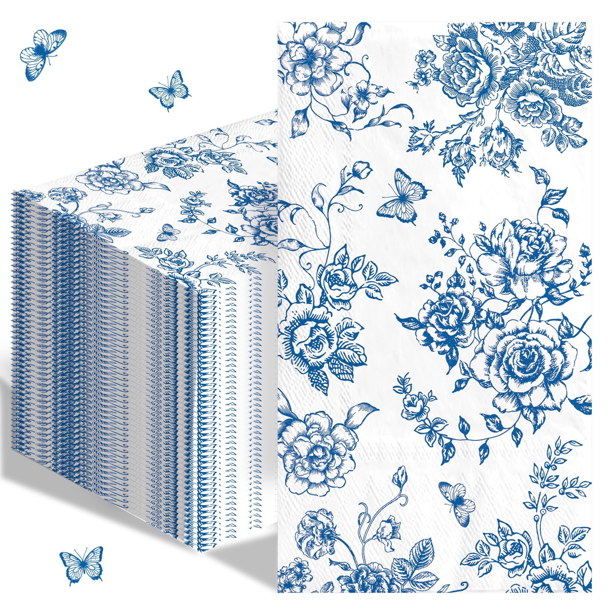 100pcs Blue Floral Napkins Disposable Hand Towels for Bathroom 3 Ply Blue and White Guest Decorative Paper Napkins for Bridal Tea Wedding Birthday Party Supplies Table Decorations