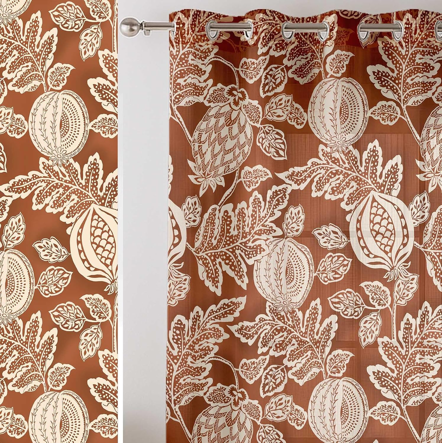 Brown Fruits Print Sheer Curtains for Short Windows - Set of 2 Panels, 63", Grommet Top, Printed Georgette, Light Filtering Drapes for Kitchen or Bedroom