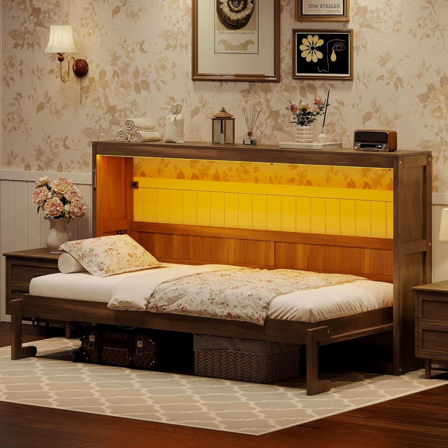 SOFTSEA Queen Size Horizontal Murphy Bed with LED Light, Space-Saving Foldable Wall Beds Cabinet with LED, Wood Hidden Murphy Cabinet Bed, Brown