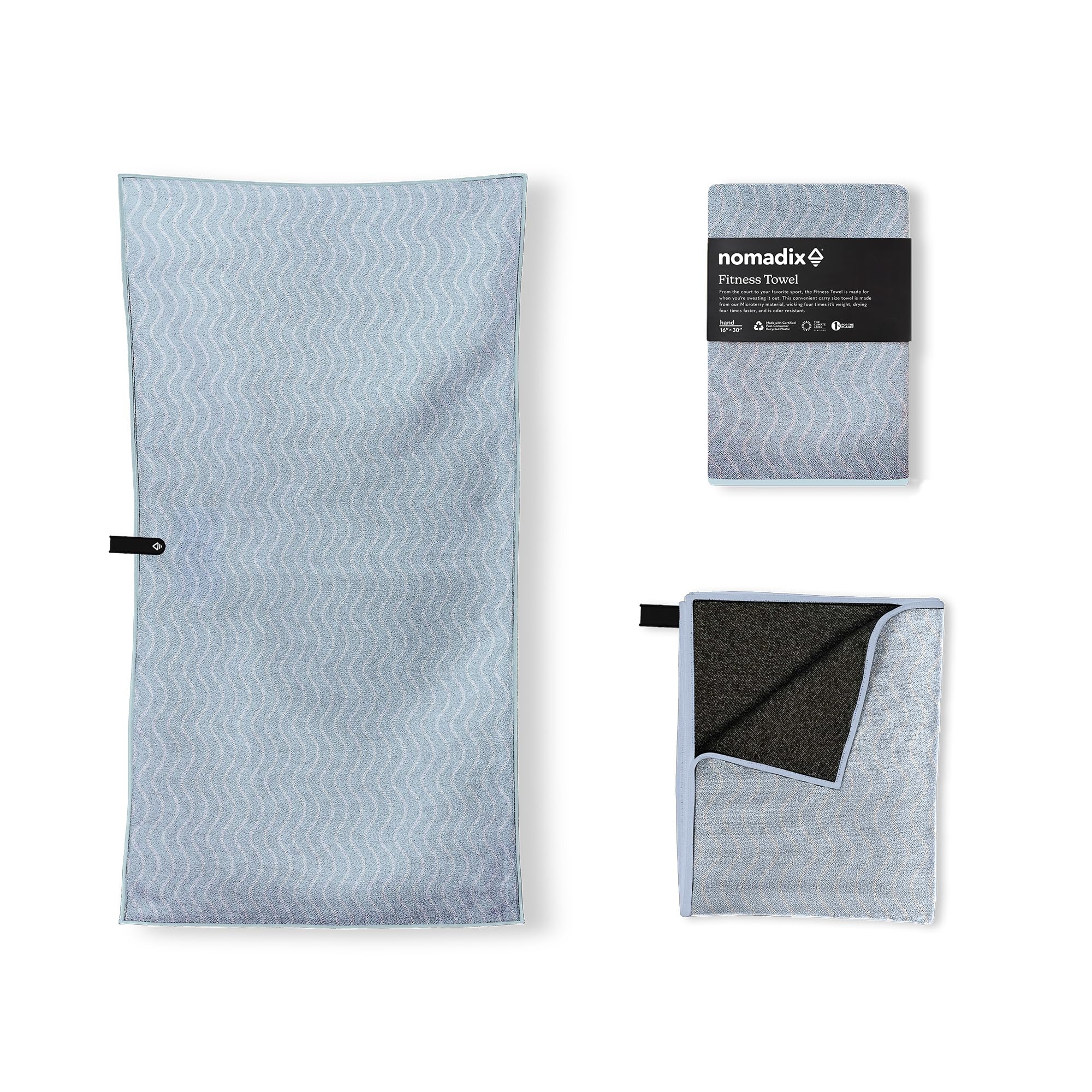 Nomadix Fitness Towel- Microterry Quick-Dry Gym & Yoga Sweat Towel, Odor-Resistant, Ultra Absorbent, Sand & Pet Hair-Resistant, Recycled Material, 30″×16″- Regenerative Black- Pale Blue