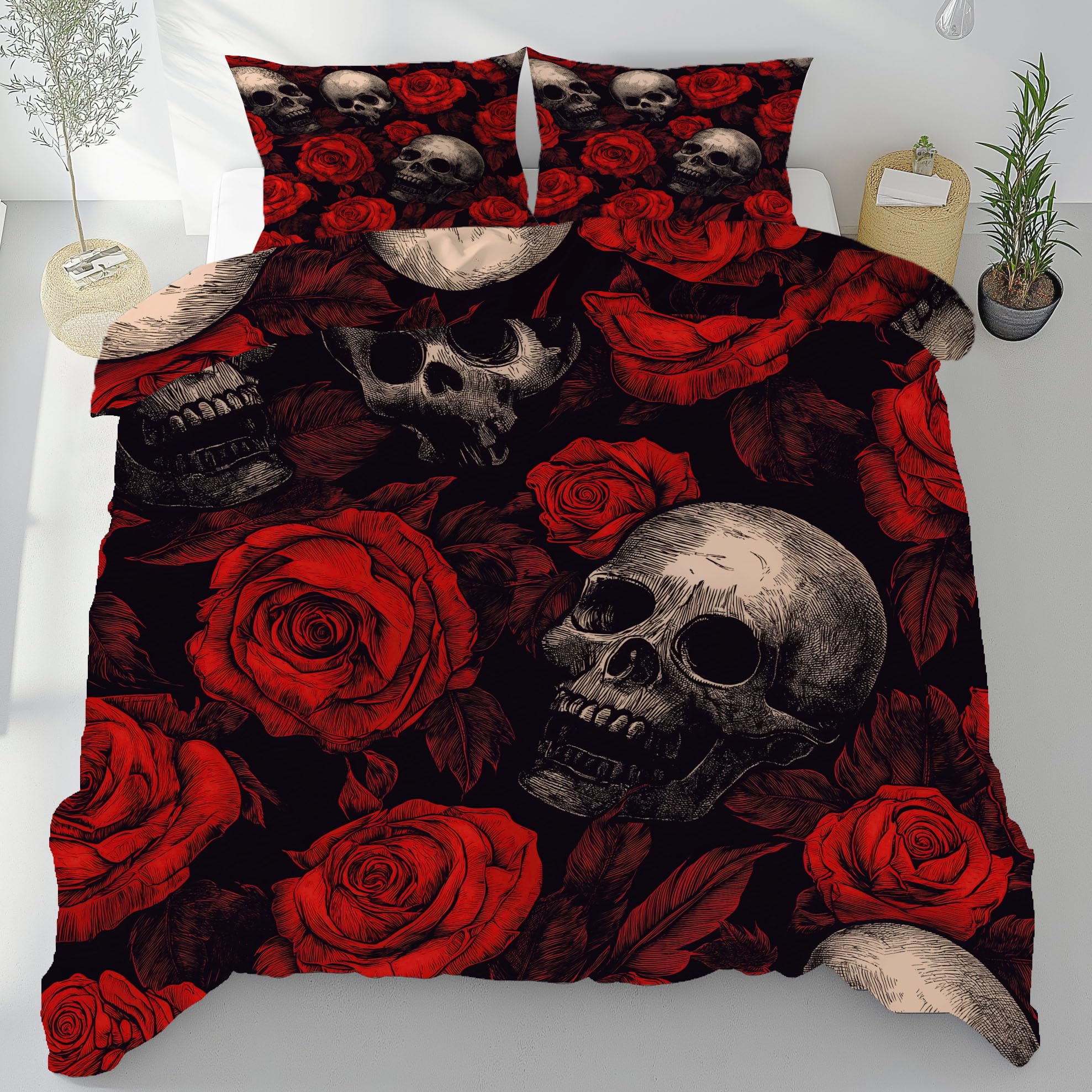 Parure de Lit Crâne Rose 240x260 en Microfibre Douce pour une Chambre Adulte Gothique Chic