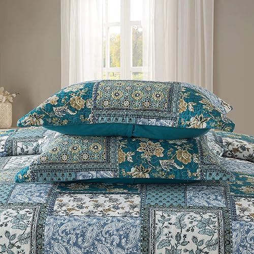 Vista 48 de NEWLAKE - Juego de colcha de algodón - Juego de cubrecama reversible con diseño de patchwork, patrón bohemio clásico - King, morado Púrpura Clásico