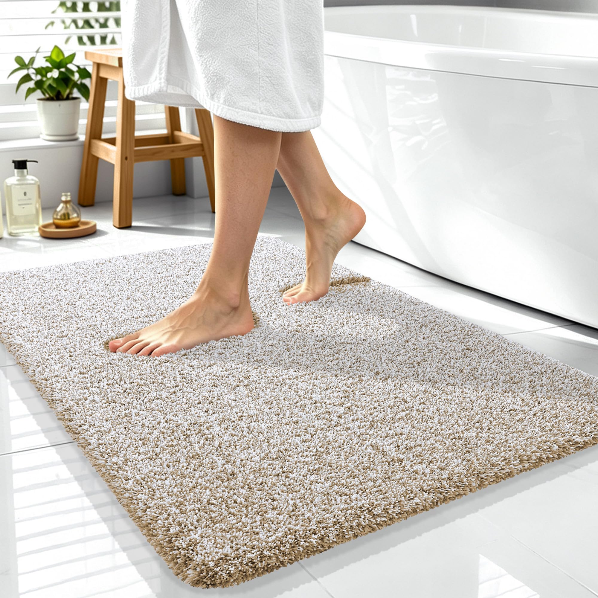 OLANLY Microfiber Bathroom Rugs 40x32, Quick Dry Bath Mat, Beige and White