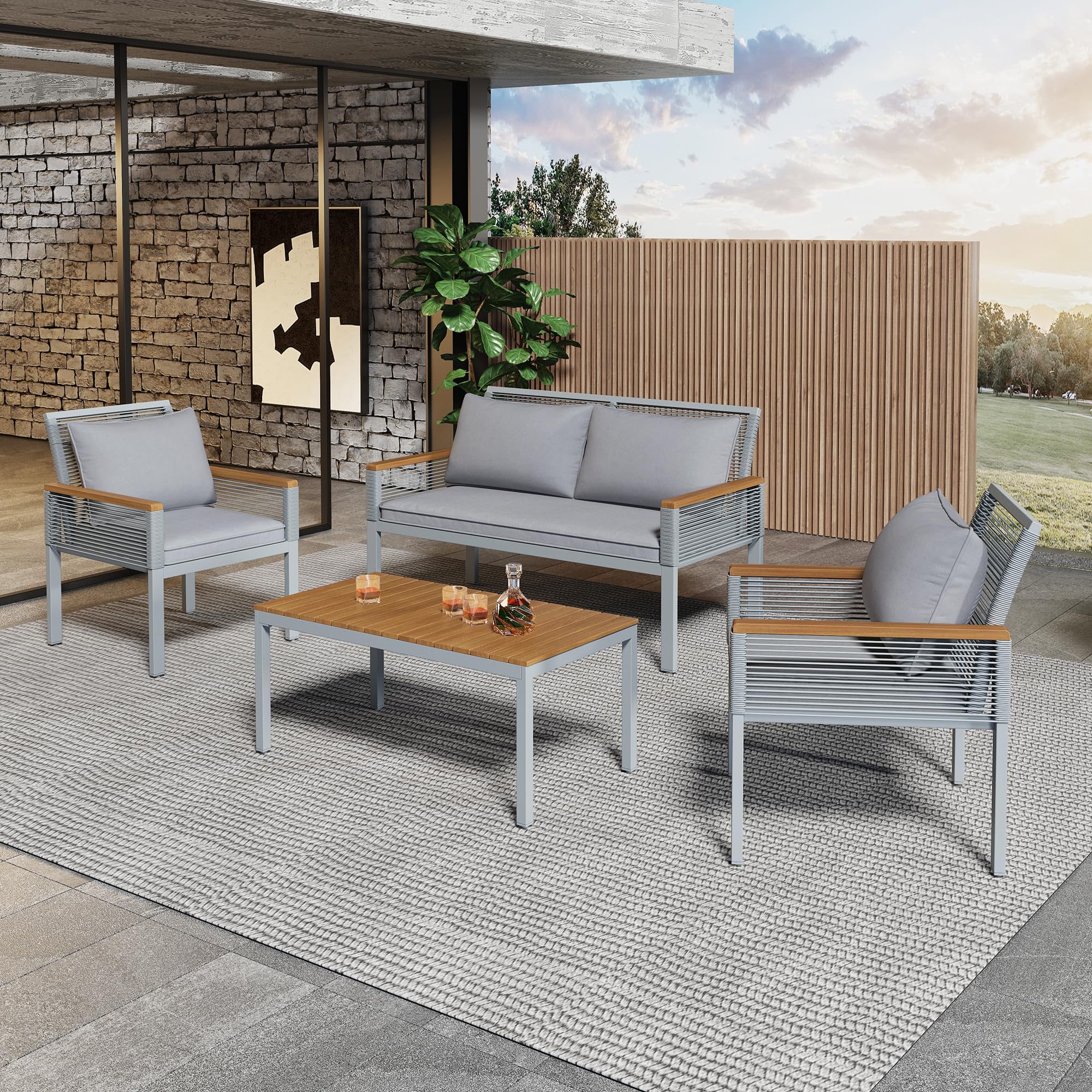 Conjunto jardín Exterior de ratán, Mueble de Jardín 4 Piezas, Conjunto Terraza de Muebles de balcón Lounge para 4 Personas, Exterior Muebles de Patio con sofá Doble, 2 sillones y Mesa (Gris)