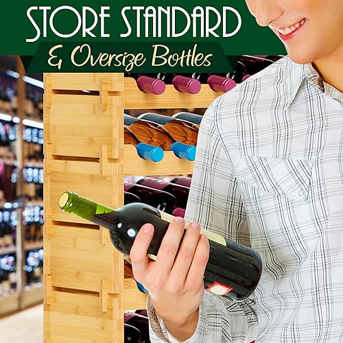 Miniatura 5 de SereneLife Estante de vino apilable de bambú, capacidad de 108 botellas de 12 niveles, suelo de pie, sin herramientas, estante modular de