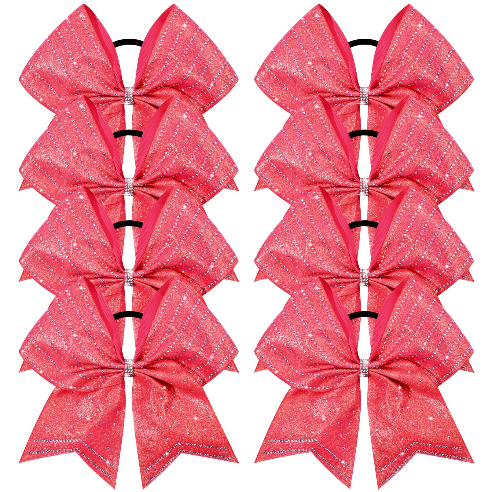 DEEKA 8PCS Pink Glitter Stripes Cheer Bows with Iridescent Rhinestones Large 8" Competition Cheer Hair Bows Elastic Band Ponytail Holder for