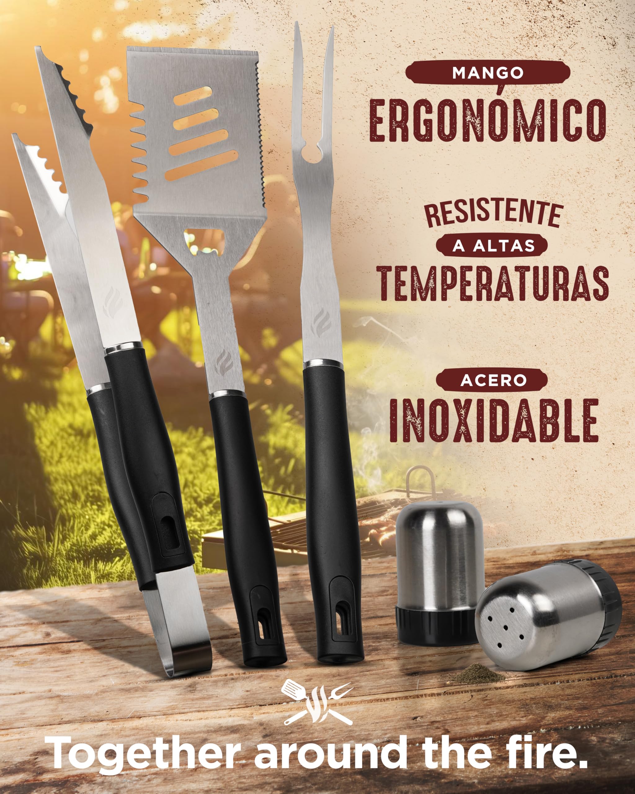 HORUS 23® - Kit Barbacoa con BBQ Accessories en Acero Inoxidable, Delantal Oxford con Bolsillos, Guante Ignífugo y Tapete para Parrilla