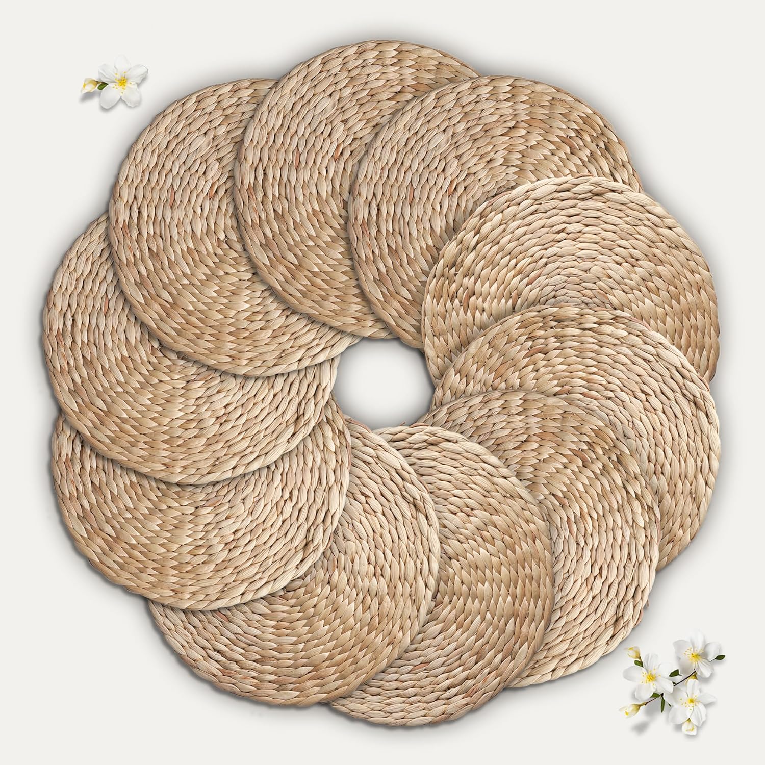 12 Inch Round Woven Placemats Set of 10, Natural Herringbone Pattern, Table Mats Braided Heat Proof, Farmhouse Boho Table Place Mat Ourdoor Wicker Chargers for Dinner Plates