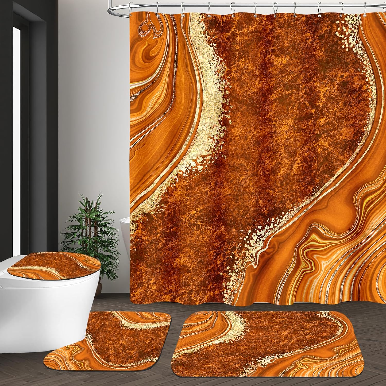 4PCS Orange Marble Shower Curtain Sets with Rugs, Abstract Bathroom Sets with Shower Curtain and Rugs, Modern Bathroom Curtains Shower Set with Toilet Lid Cover Accessories for Bathroom Decor