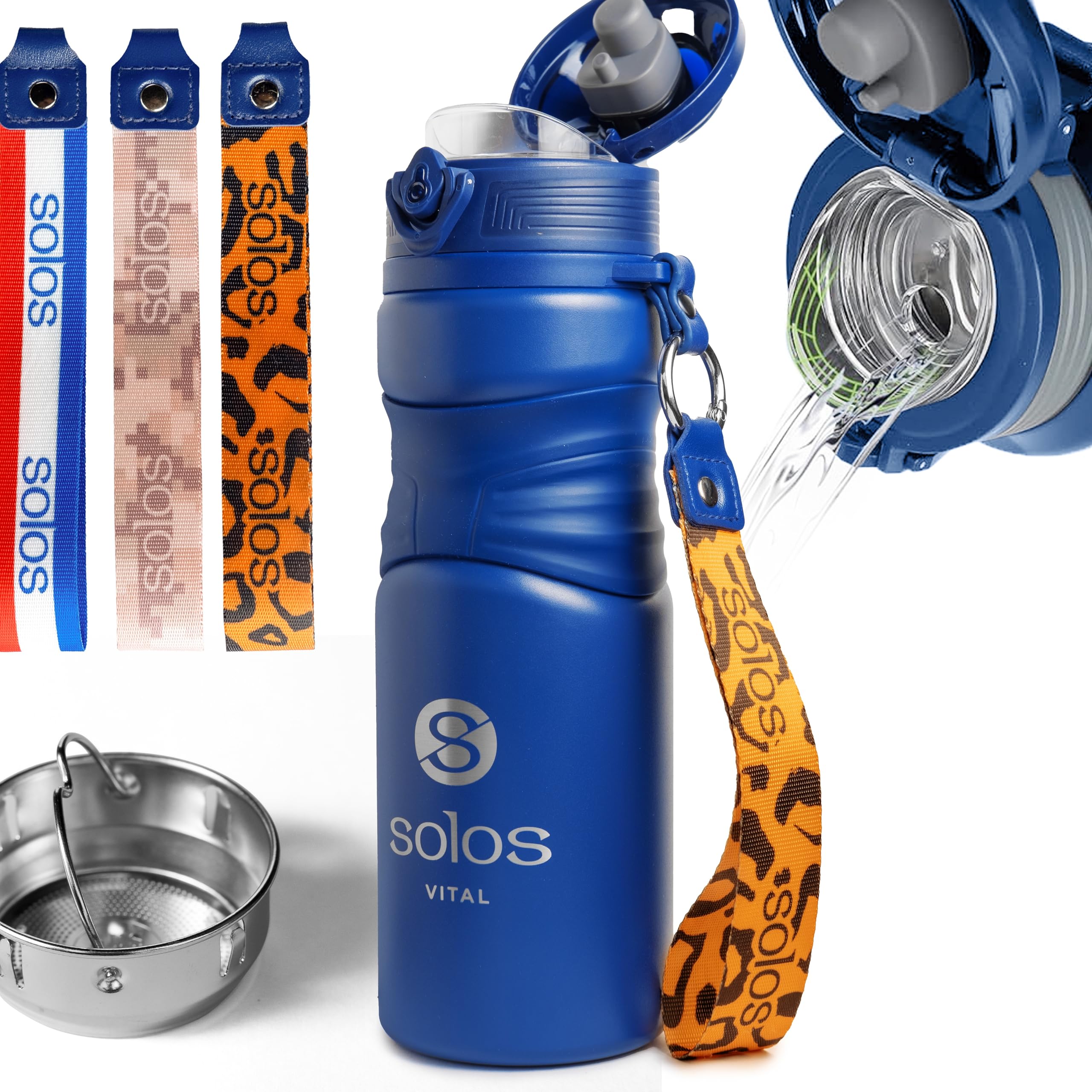 SOLOS Thermosflasche 650 ml mit herausnehmbarem Teesieb und Trinköffnung, Edelstahl-Isolierflasche für Kaffee, Tee und kalte Getränke, 3 Tragegurte
