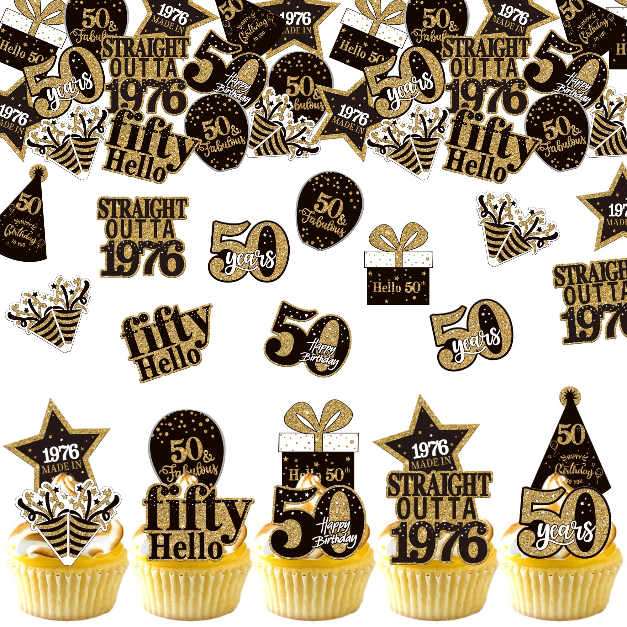 Xsstarmi 63 Pack 50th Birthday Edible Cupcake Toppers Rice Paper Straight Outta 1976 Made In 50 Hello Cupcake Picks for Cheers to 50 Years Birthday Party Cake Decorations Supplies