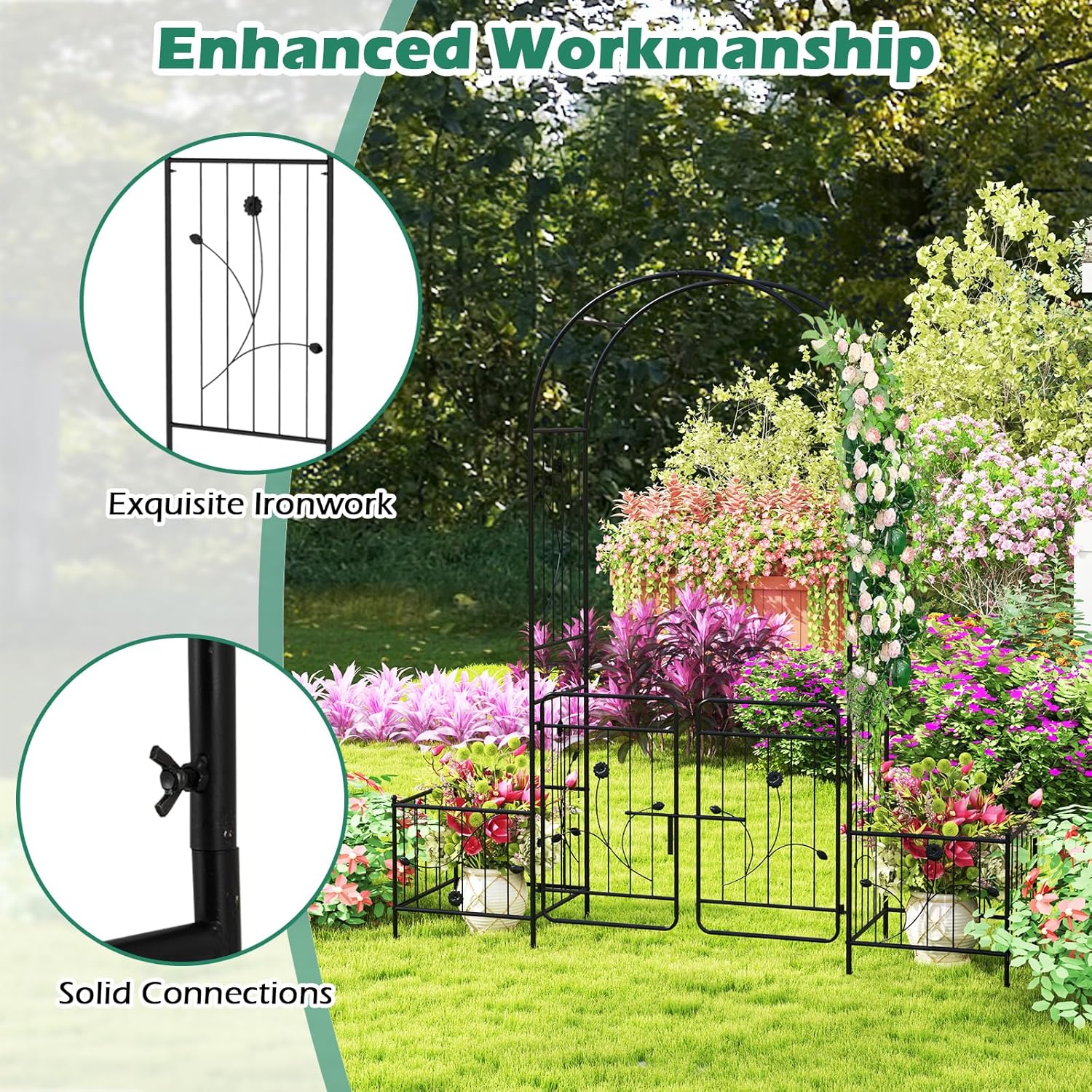 TANGZON Garden Arbor, Metal Arch Arched Top Arbor Trellis with Lockable Gate, Heavy-Duty Trellis Archway for Climbing Plants Grape Vines Wedding Ceremony (with side planters, 198 x 50 x 220 cm)