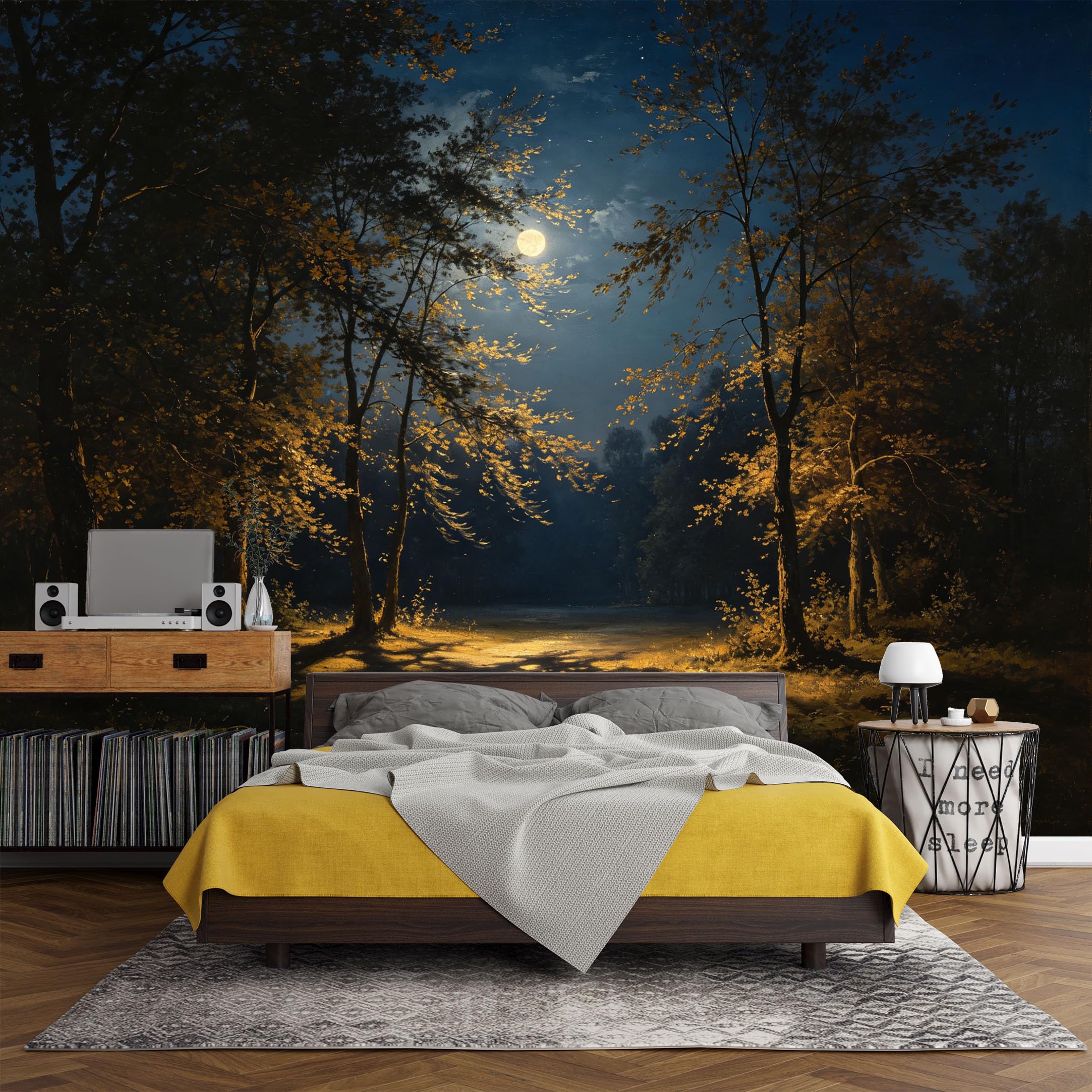 Custom Size Wall Mural， Forest Night Moonlight Path Landscape，SelfAdhesive Art Prints wall Fabric (No PVC) Removable Wallpaper Living Room Decor