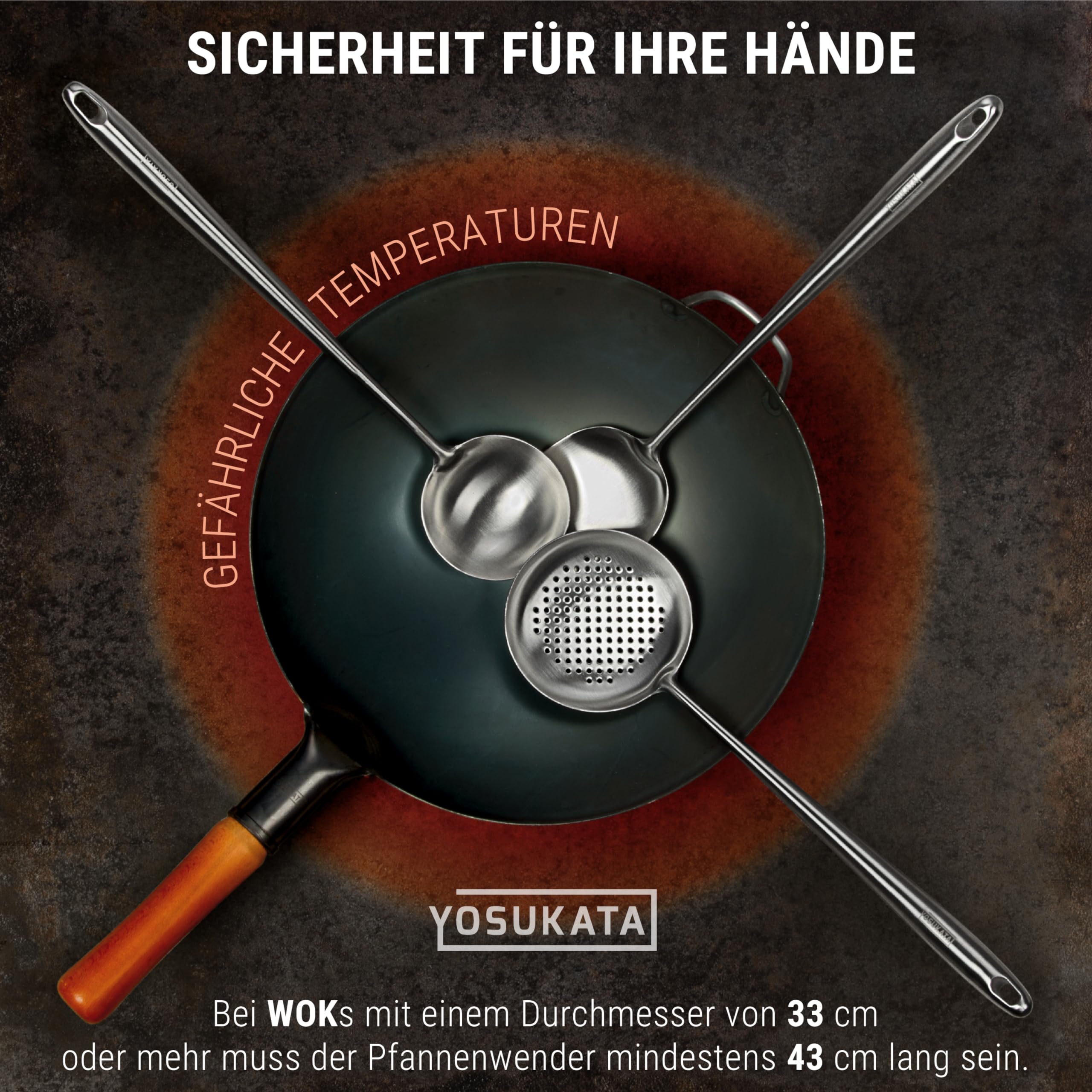 YOSUKATA Wok Schöpflöffel Schaumlöffel und Pfannenwender Edelstah 43 cm- Küchenhelfer Set Edelstahl 304- Schaumkelle - Spachtel Küche - Suppenkelle Edelstahl - Spülmaschinenfester Wok-Zubehör