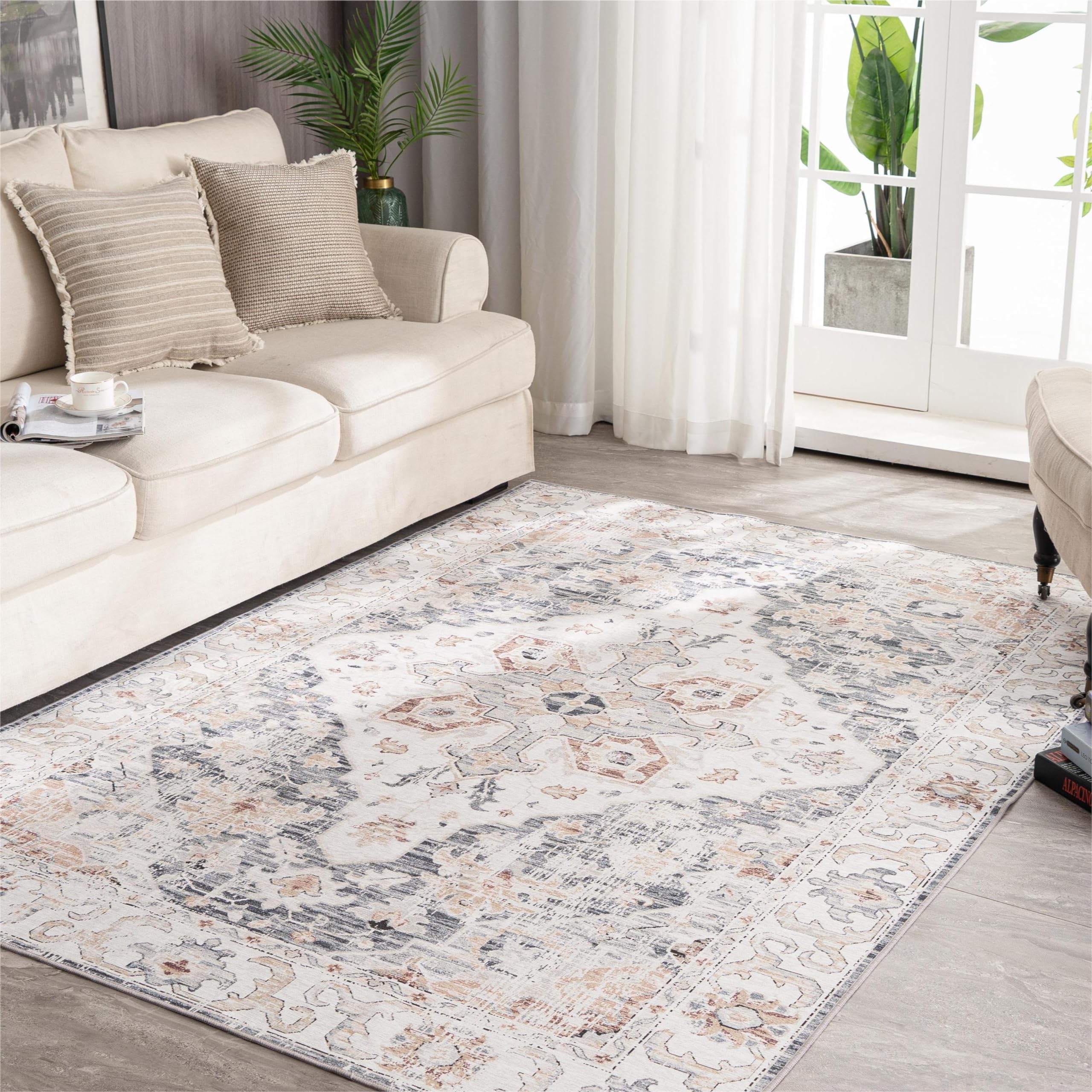 Syalife Washable Rug Vintage Area Rugs, 8 Feet x 10 Feet Living Room Rug with Non Slip Backing, Ultra-Thin Medallion Distressed Non-Shedding Boho Rug, Vintage Floor Mat Indoor Rug (FG03-Grey, 8 Foot x 10 Foot)