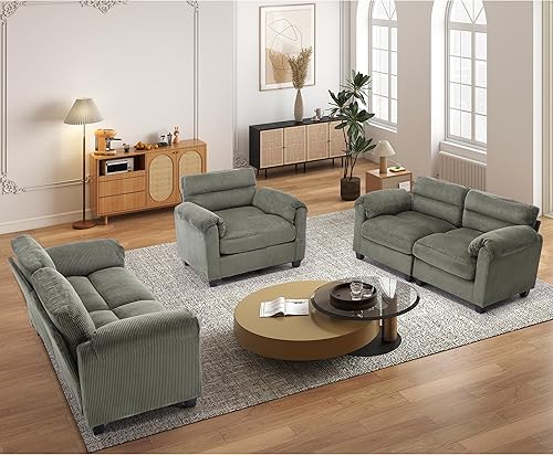 Miniatura 54 de Juego de sofá de pana, otomana tapizada, sofá de dos plazas y sofá de 3 plazas con cojines mullidos y brazos redondeados, juegos de muebles modernos