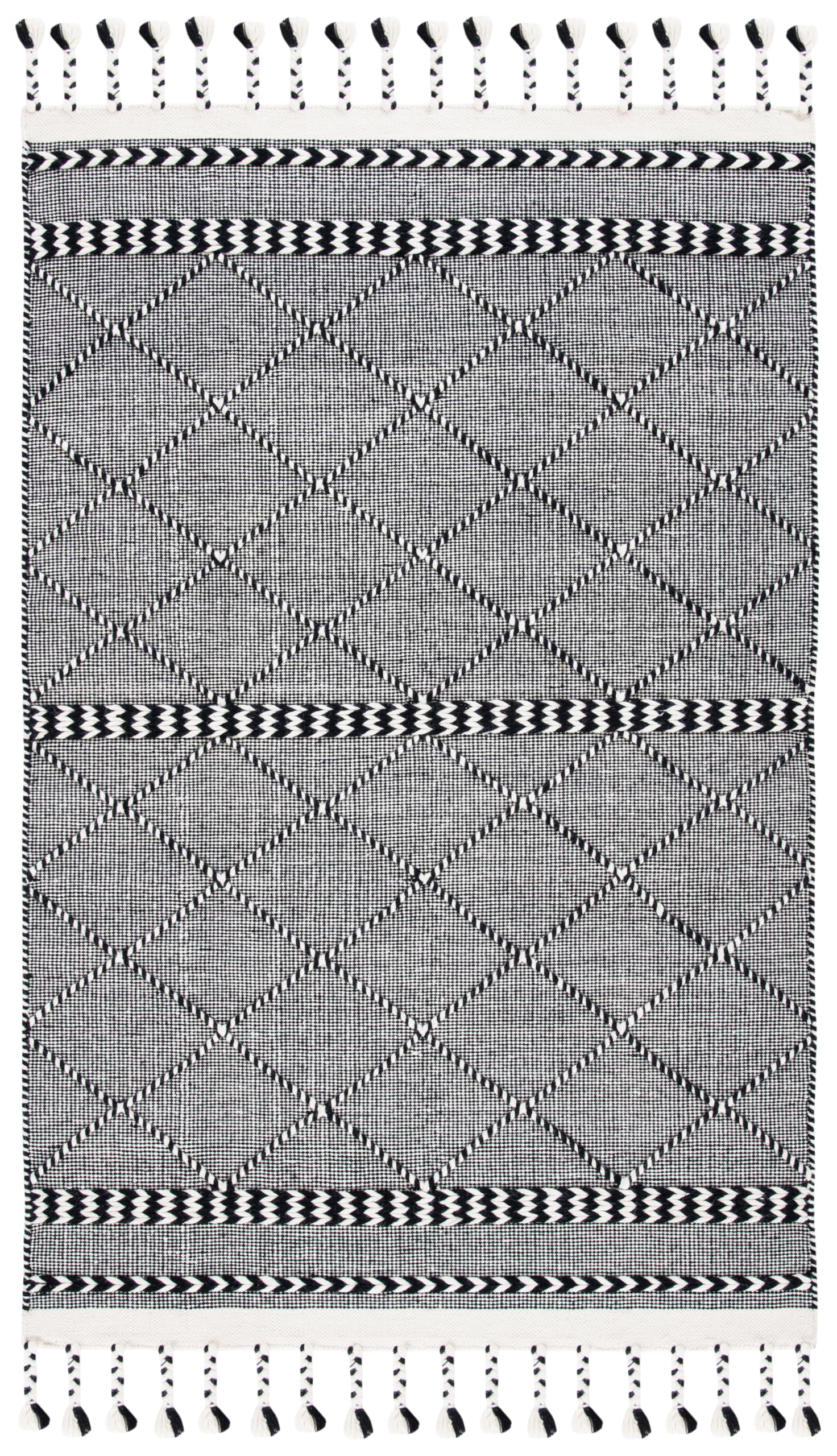 SAFAVIEH Casablanca Collection Area Rug - 5' x 8', Black & Ivory, Handmade Moroccan Boho Wool Braided Tassel Fringe, Ideal for High Traffic Areas in