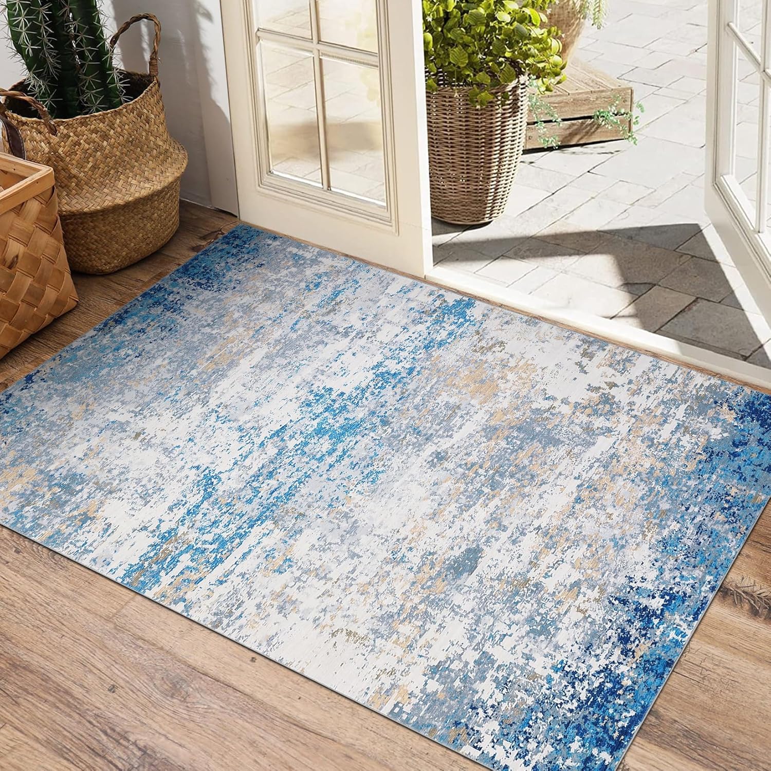 Modern Abstract 2x3 Area Rug Non Slip Non Shedding Low Pile Stain Resistant Rug for Entryway Kitchen Bedroom,Blue/Grey Blue/Grey 2' x 3' (Rectangular)