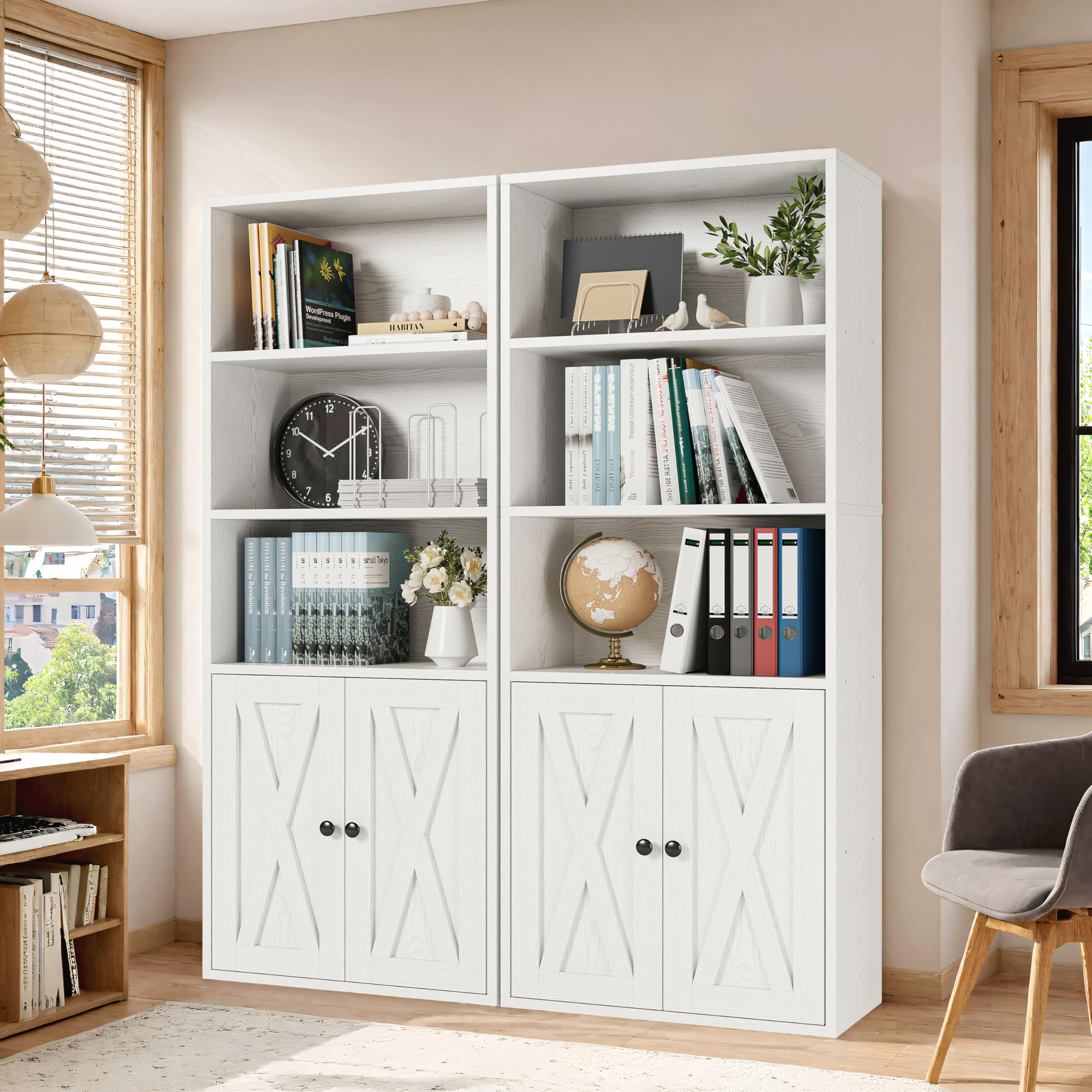 IRONCK Bücherregal mit 2 Türen, Standregal mit 5 Ebenen, Industriestil Bücherschrank, Vitrinenschrank Aufbewahrungsregal für Arbeitszimmer, Büro, Wohnzimmer, Schlafzimmer, Weiß