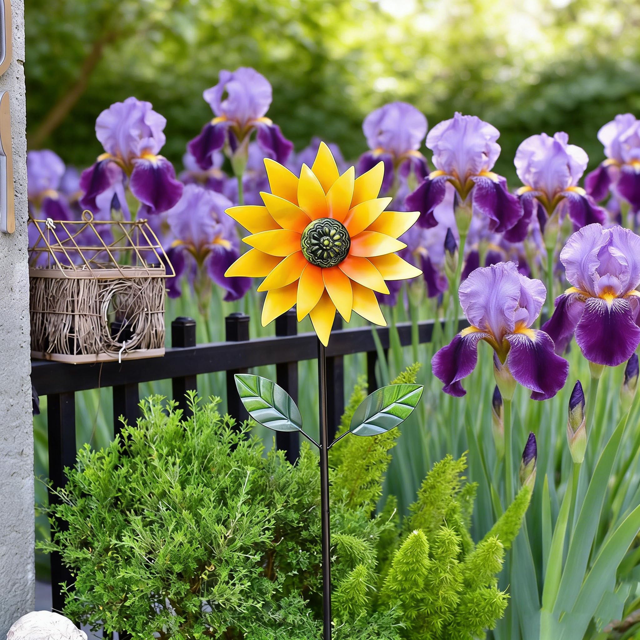 Sunflower Wind Spinner Outdoor Decor, Metal Wind Sculpture with Garden Stake, Spinning Iron Windmill for Patio & Yard (YellowA)