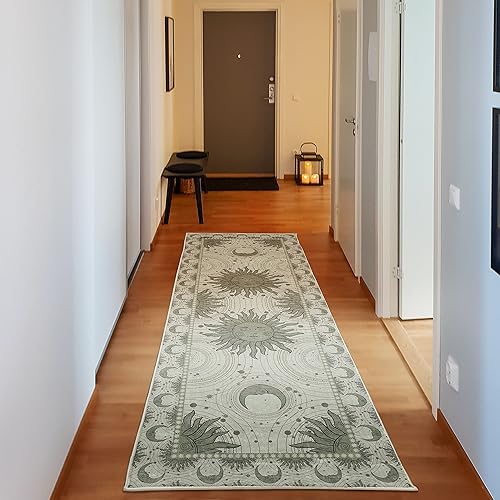 Ambesonne Alfombra Decorativa Sol y Luna, Diseño Artístico Bohemio de Ornamento Solar en Media Luna con Estrellas Esotéricas, Alfombra de Calidad