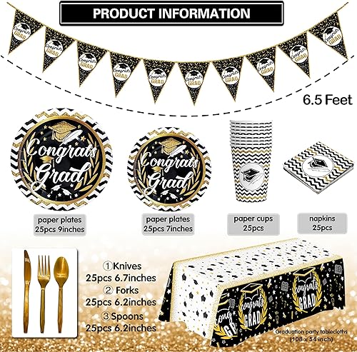 Miniatura 3 de KatchOn, Platos y servilletas de graduación 2025 – Juego de 25 | Platos y servilletas de felicitaciones, vasos, mantel de graduación | Suministros