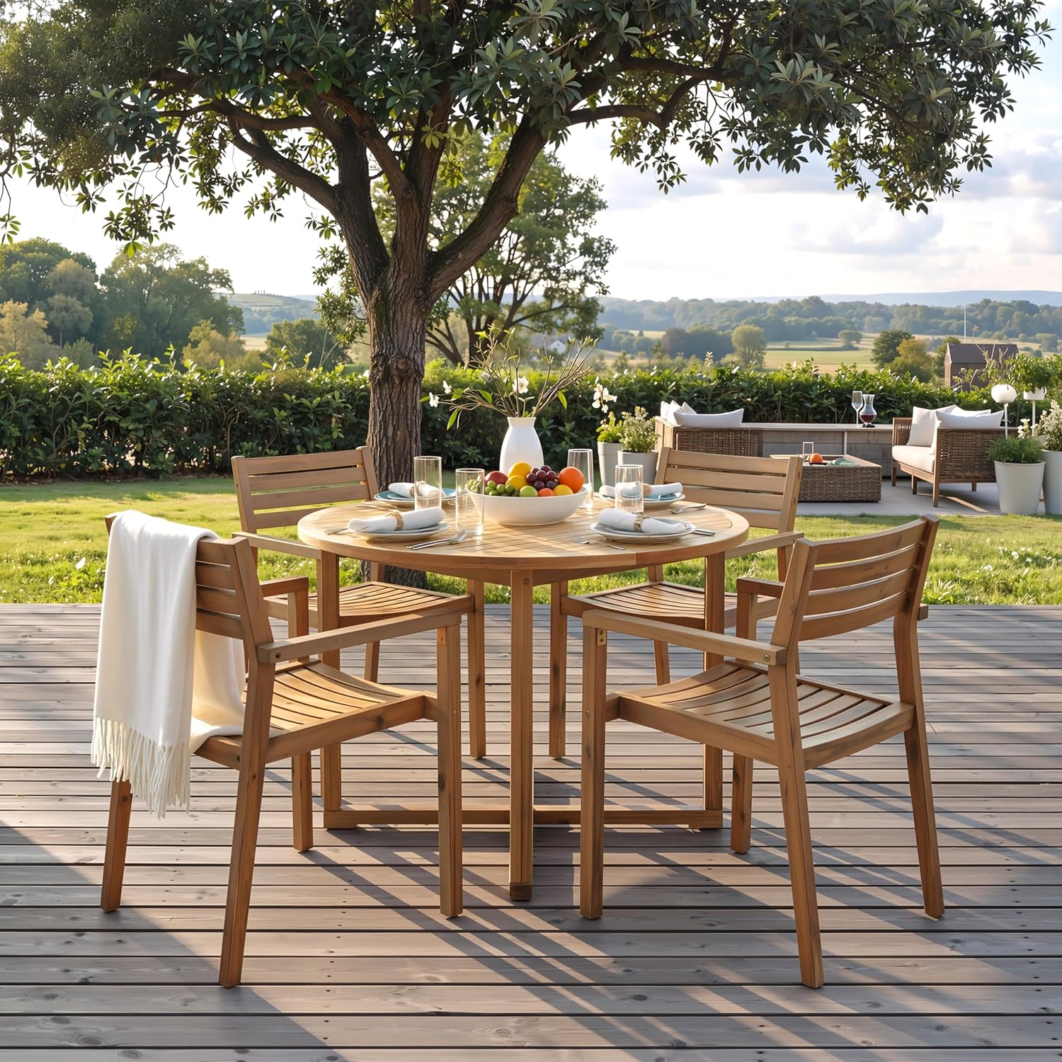 5-Piece Acacia Wood Outdoor Dining Set - 47" Round Table & 4 Chairs - Slatted Design for Patio/Garden/Poolside (Natural99)