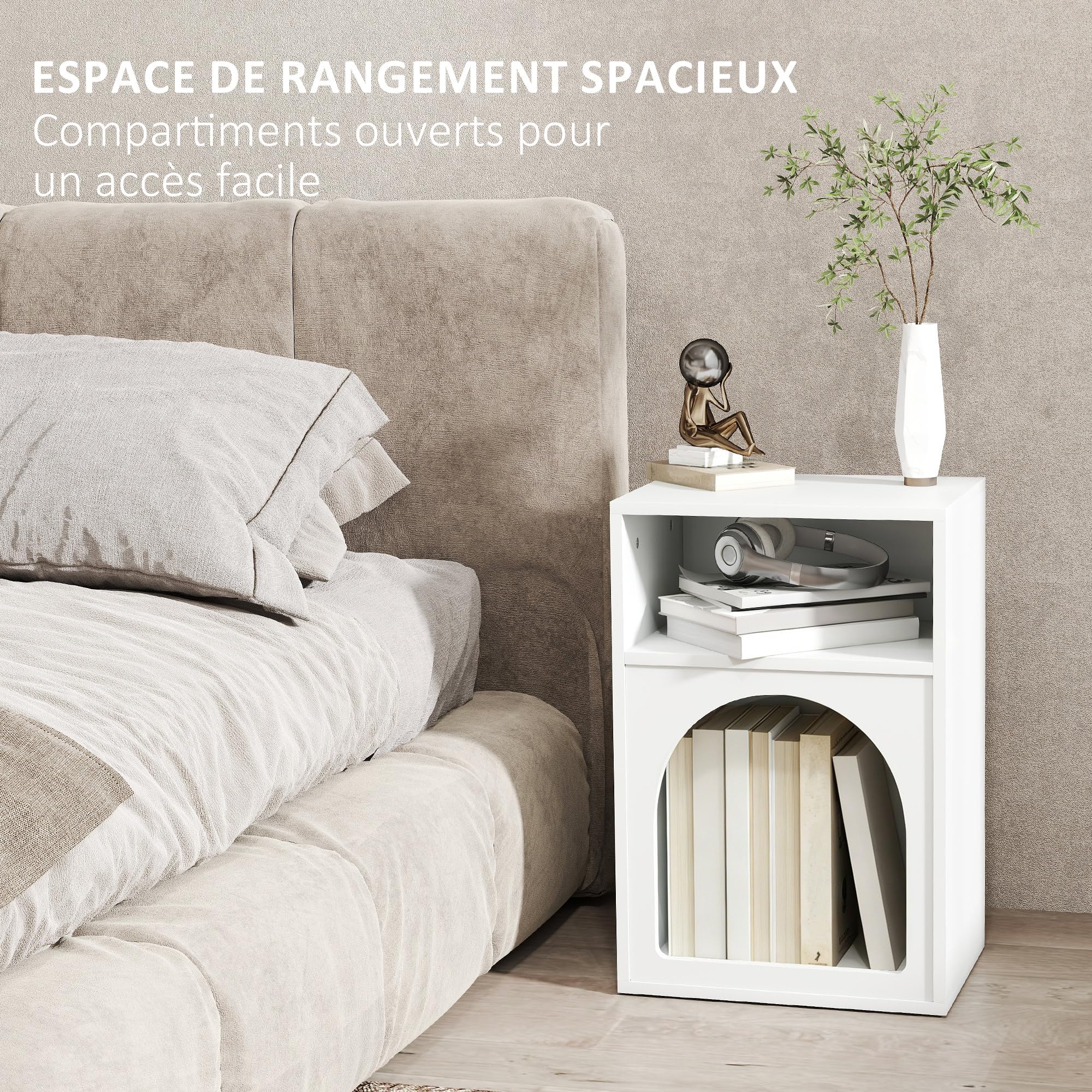 HOMCOM Lot de 2 Tables de Chevet, Table de Nuit avec Compartiments Ouverts, Design arqué, Chevet de lit pour Chambre à Coucher, Salon, 40 x 30 x 60 cm, Blanc