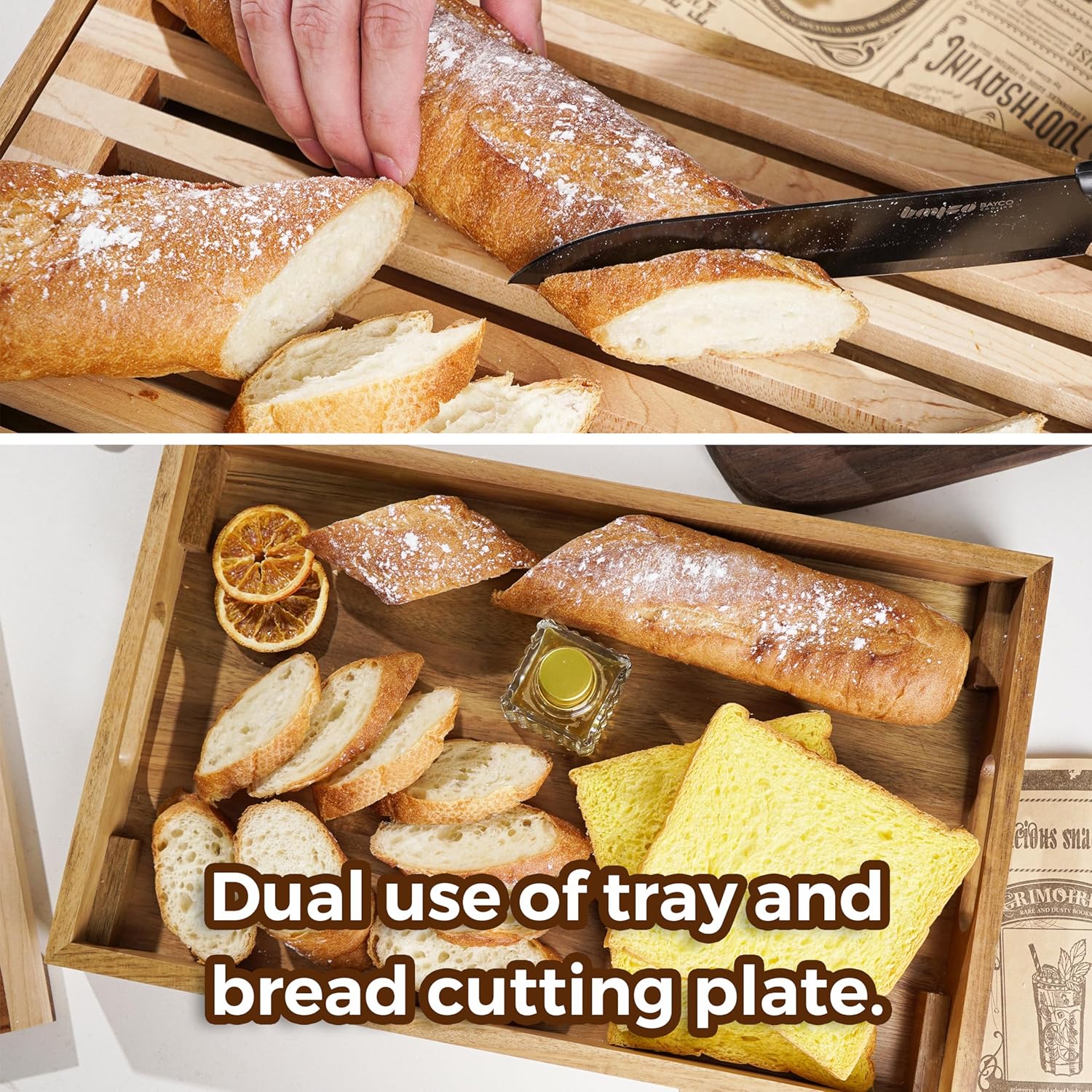Wood Bread Cutting Board With Slicer, Crumb Tray and Holder - Serving Tray for Kitchen, Color Combination Design - For Cake, Bagels - 9.53" Wide x 1.46" Tall