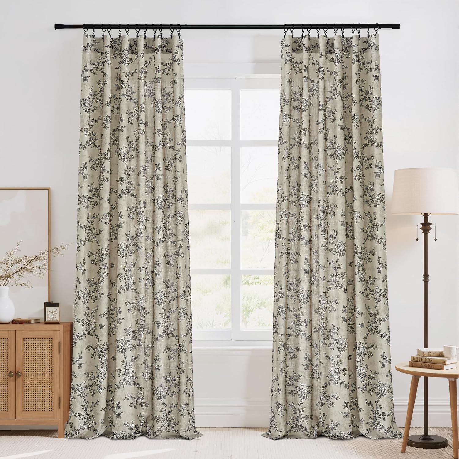 StangH Cottage Floral Curtains Vintage Printed Butterfly Pattern Thick Linen Textured Non-See-Through Drapes for Sliding Door/Guest Room/Kid's Room, 52Wx84L, Porcelain, 2 Panels